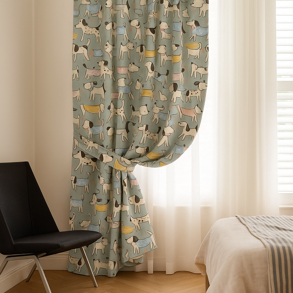 Puppy Parade Cotton Kids Curtains – Pastel Blue Dog Print Drapes, Light-Filtering or 100 % Blackout-1