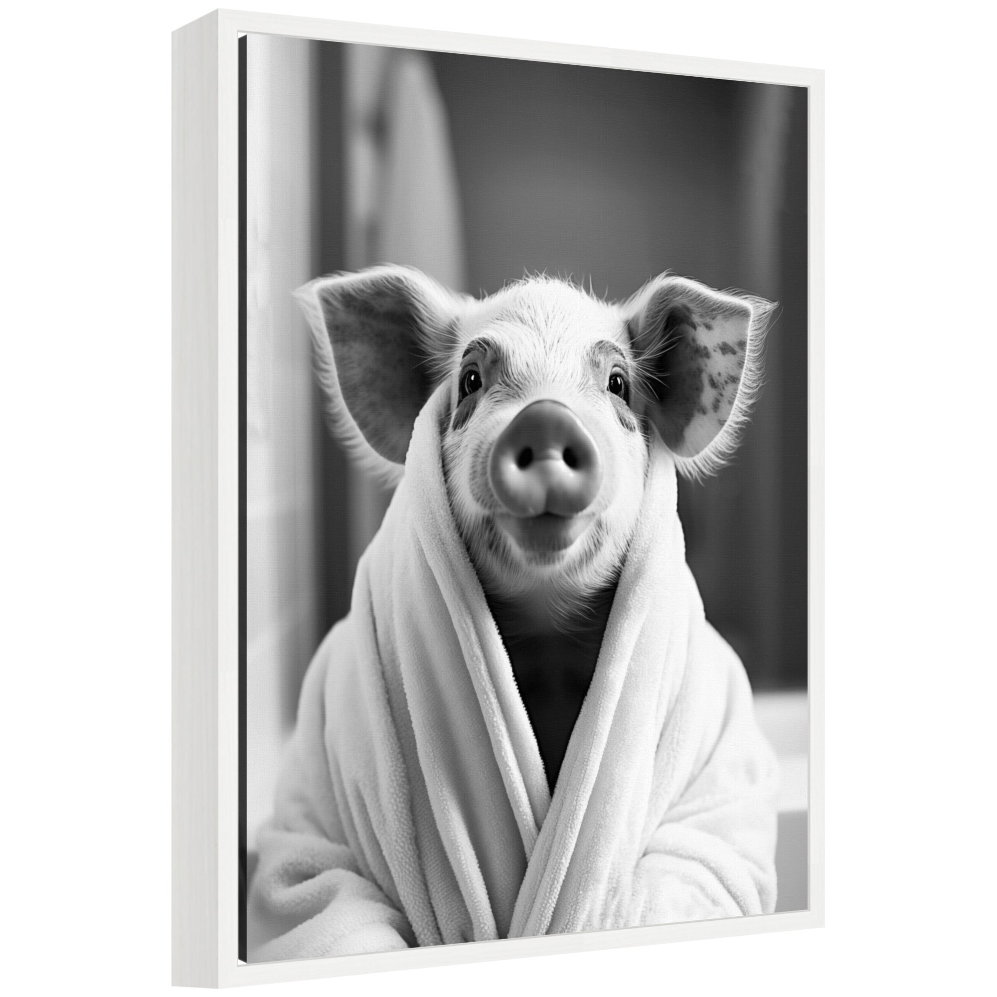 Sylvie Pig Bathroom Art Towel Robe Black and White Framed Canvas by The Creative Bunch Studio