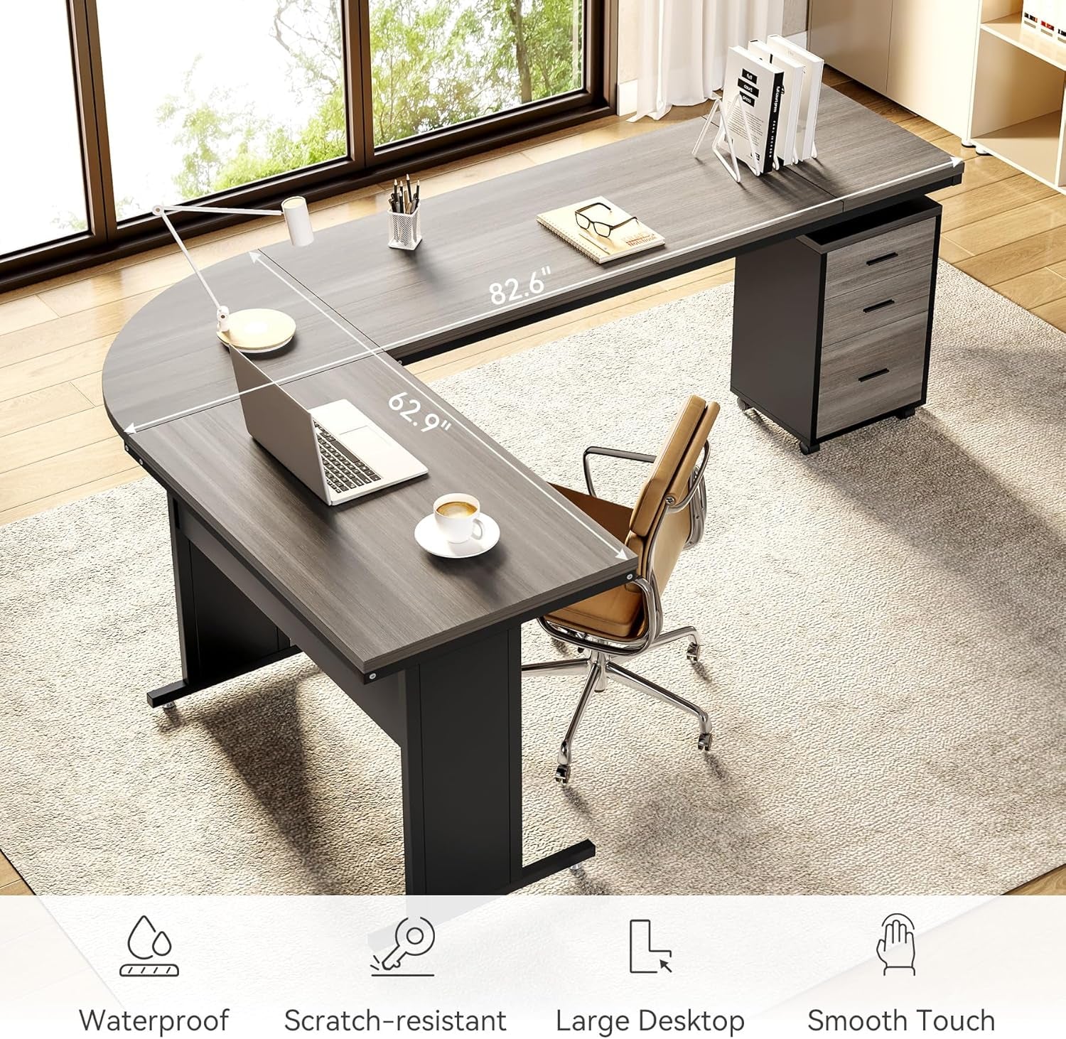 83in Gray Farmhouse L Shaped Desk With Mobile File Cabinet