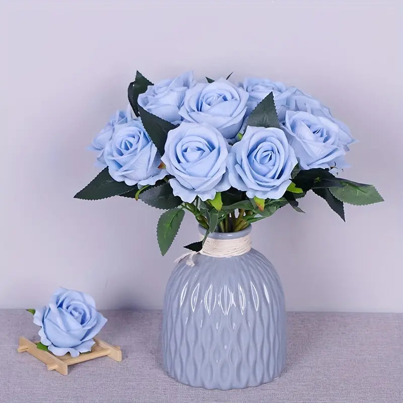 12-Piece Baby Blue Artificial Silk Roses - 30cm/11.81inch Long Stemmed Flowers-0