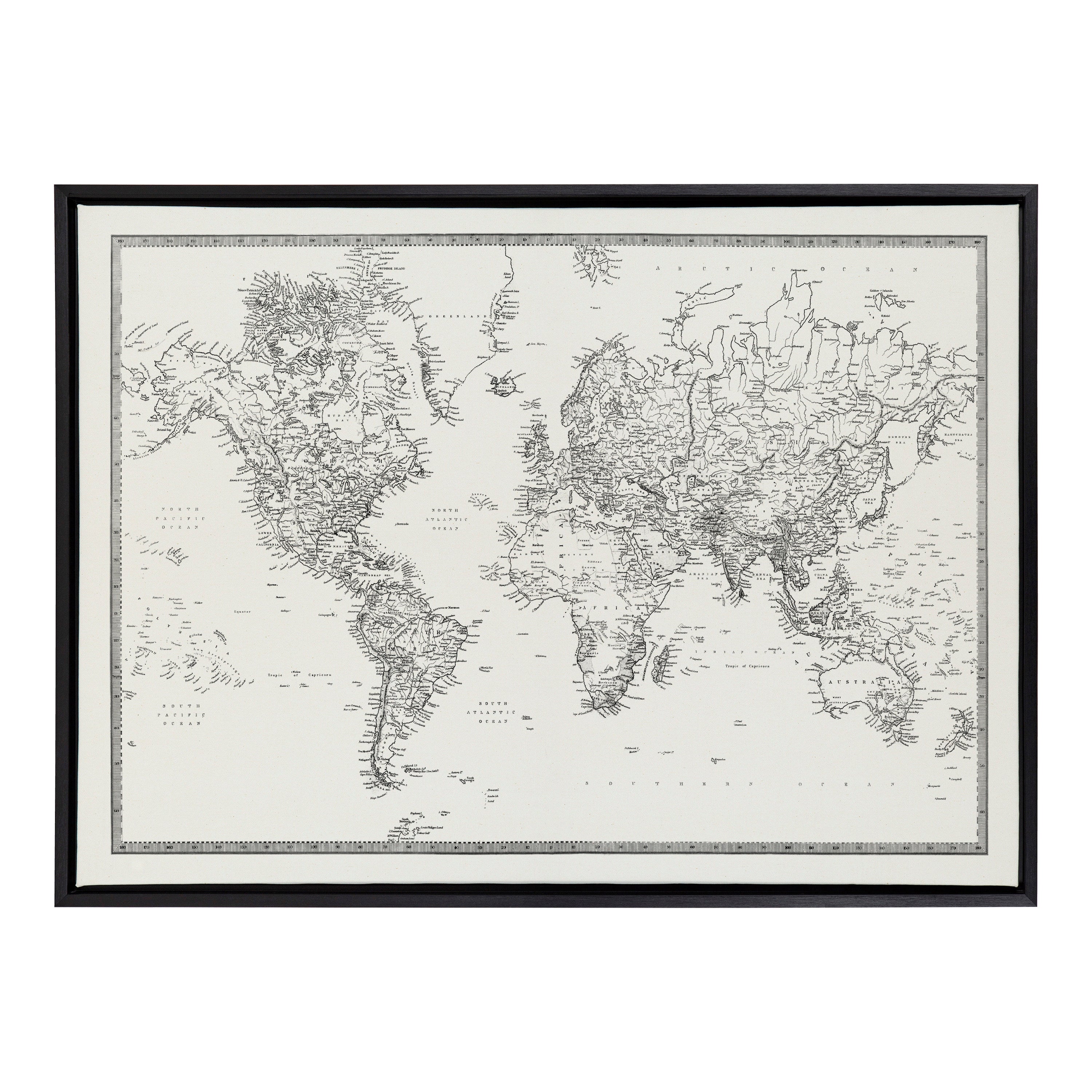 Sylvie Vintage Black and White World Map Framed Canvas by The Creative Bunch Studio