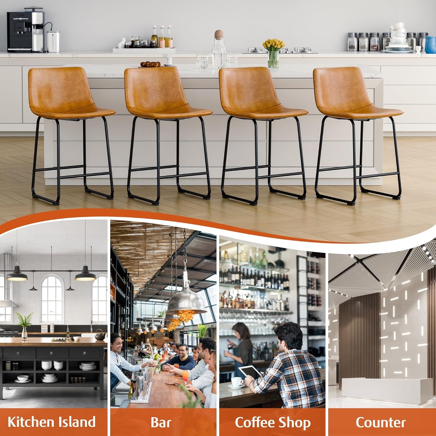 Bar Stools Set Of 4 26 Inch Brown PU Leather Counter Height