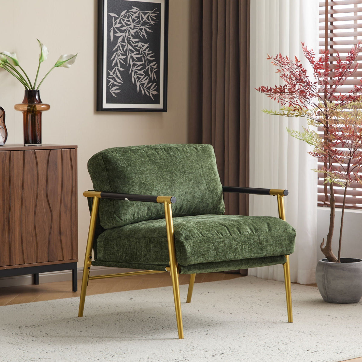 Modern Accent Chair with Plush Cushions and Wooden Armrests - Available in Multiple Colors