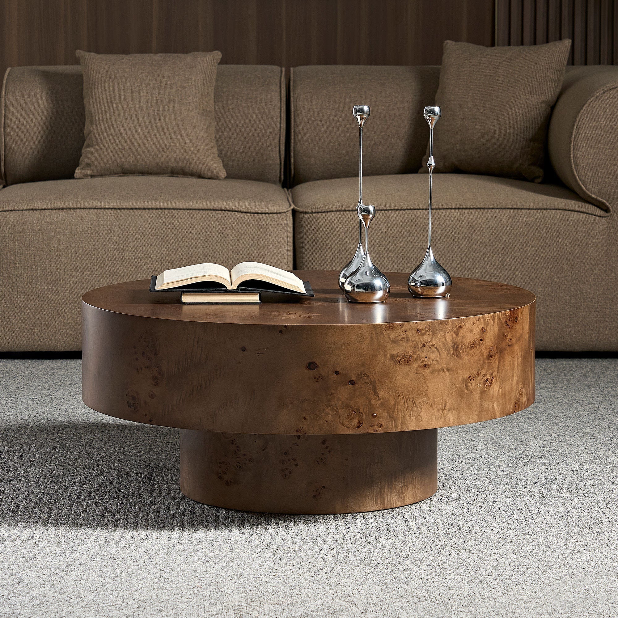 31.49" Burl Wood Veneer Round Coffee Table