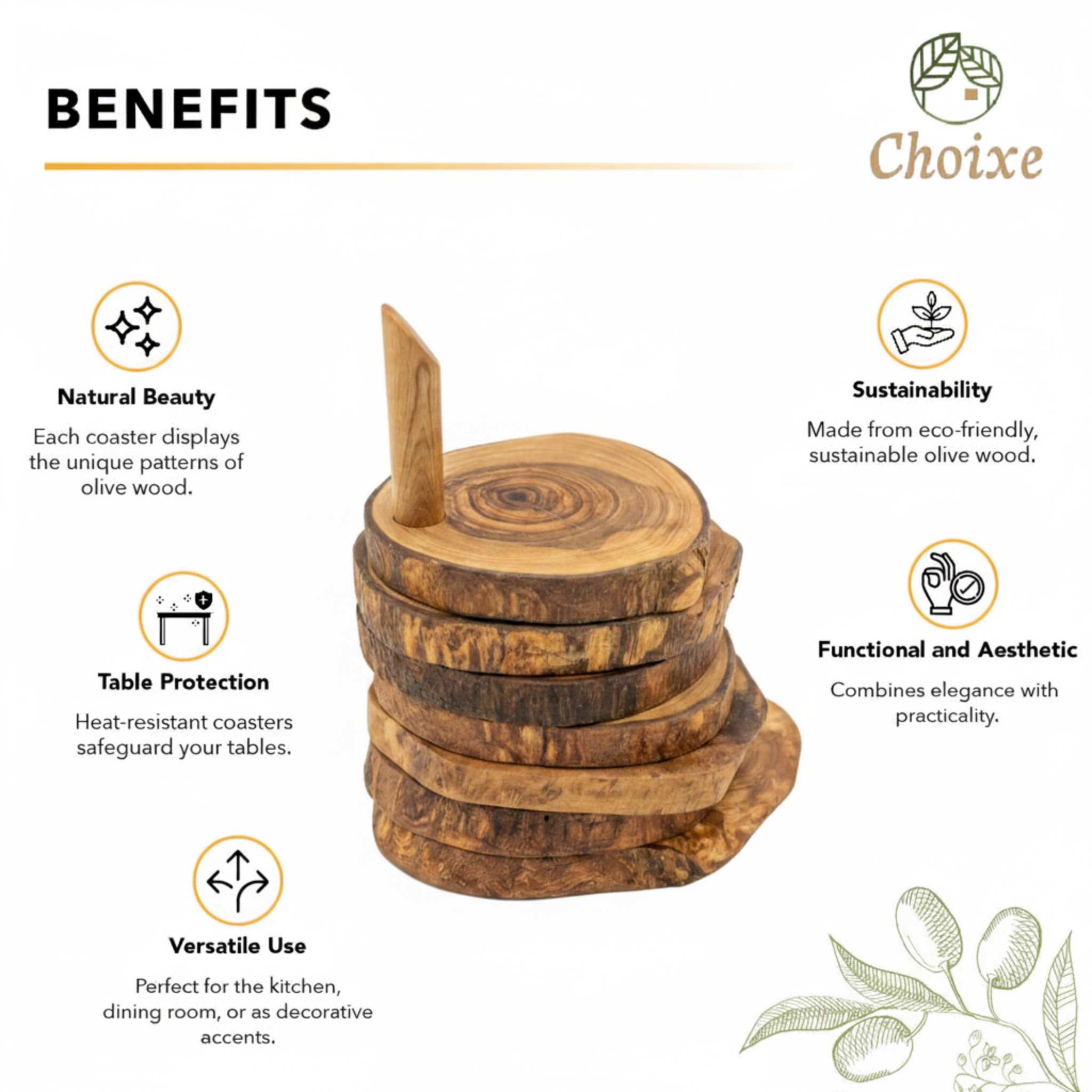 Olive Wood Coaster Set with Holder -7 Pcs