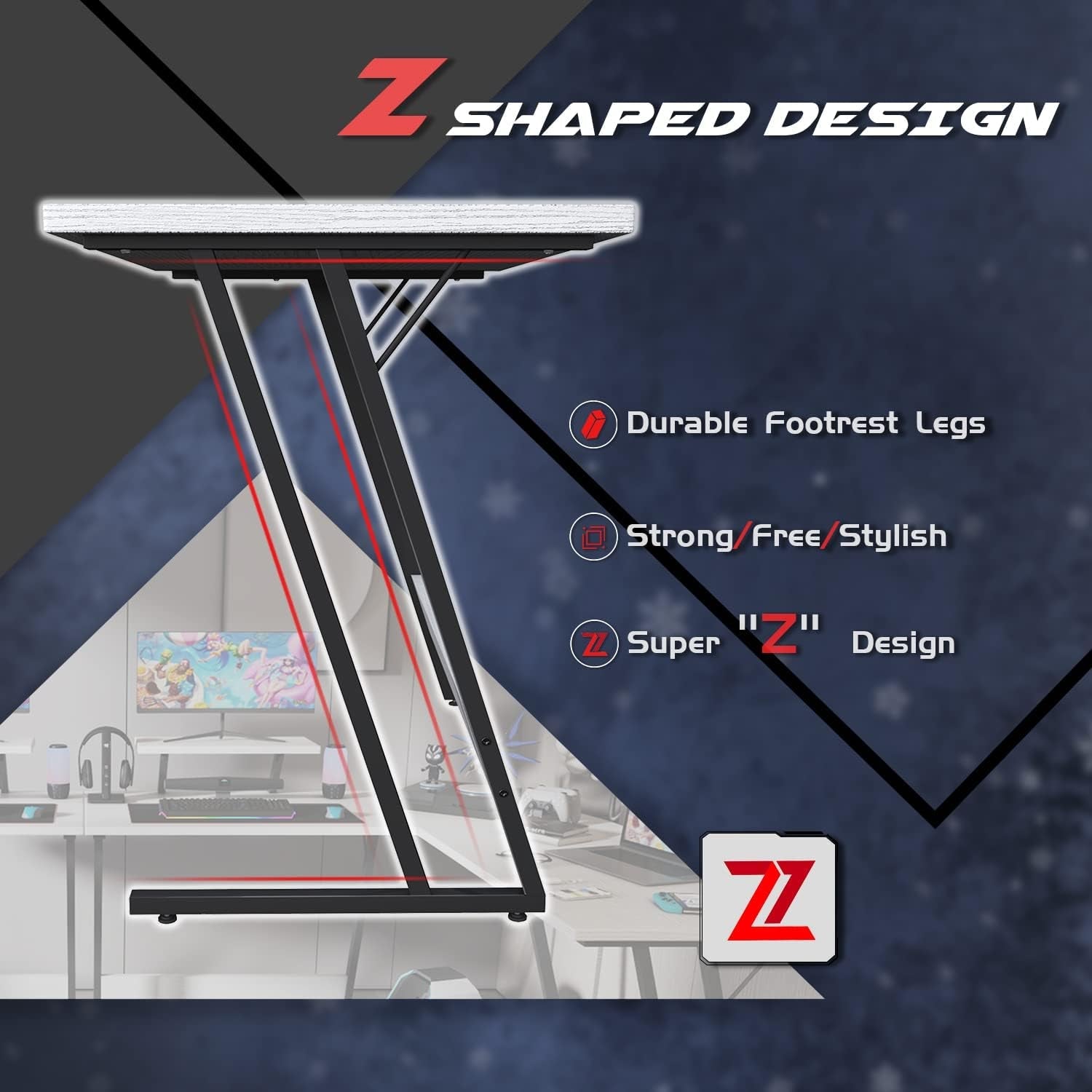 L Shaped Gaming Desk 51 Inch Monitor Riser Classical White