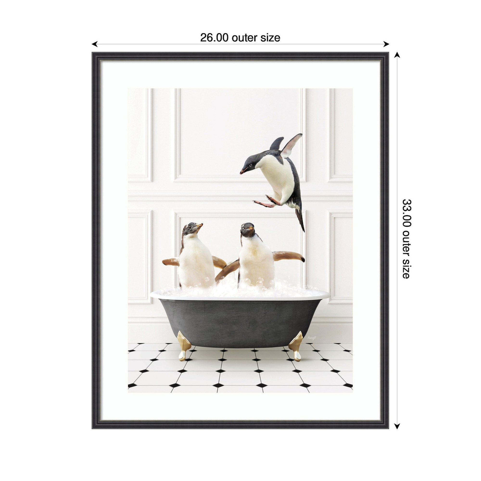 Penguins in Classic Black and White Bath by Amy Peterson Framed Wall Art Print