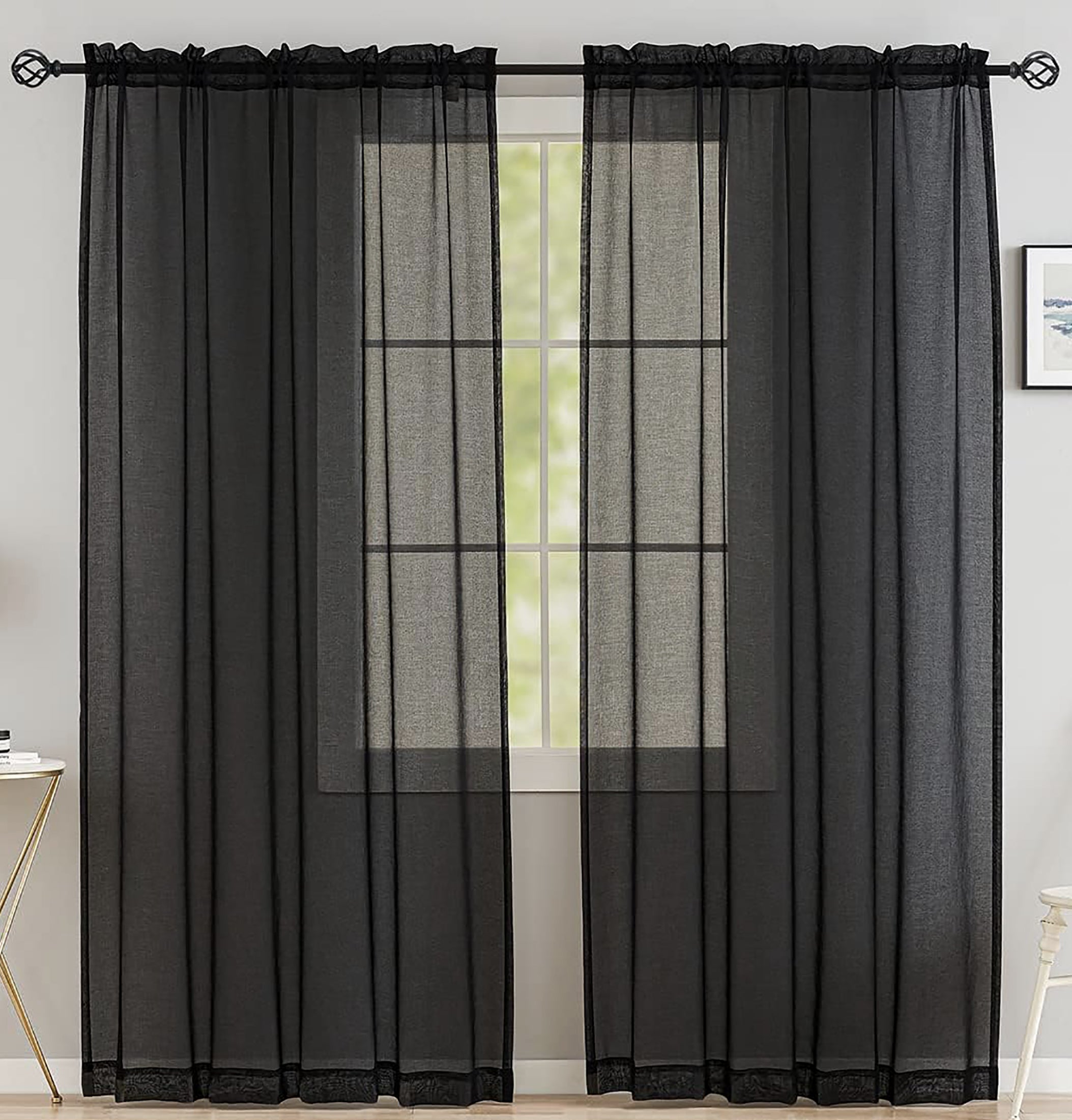 84" Inches Long - Black Sheer Window Rod Pocket Curtain Set (2 Panels)