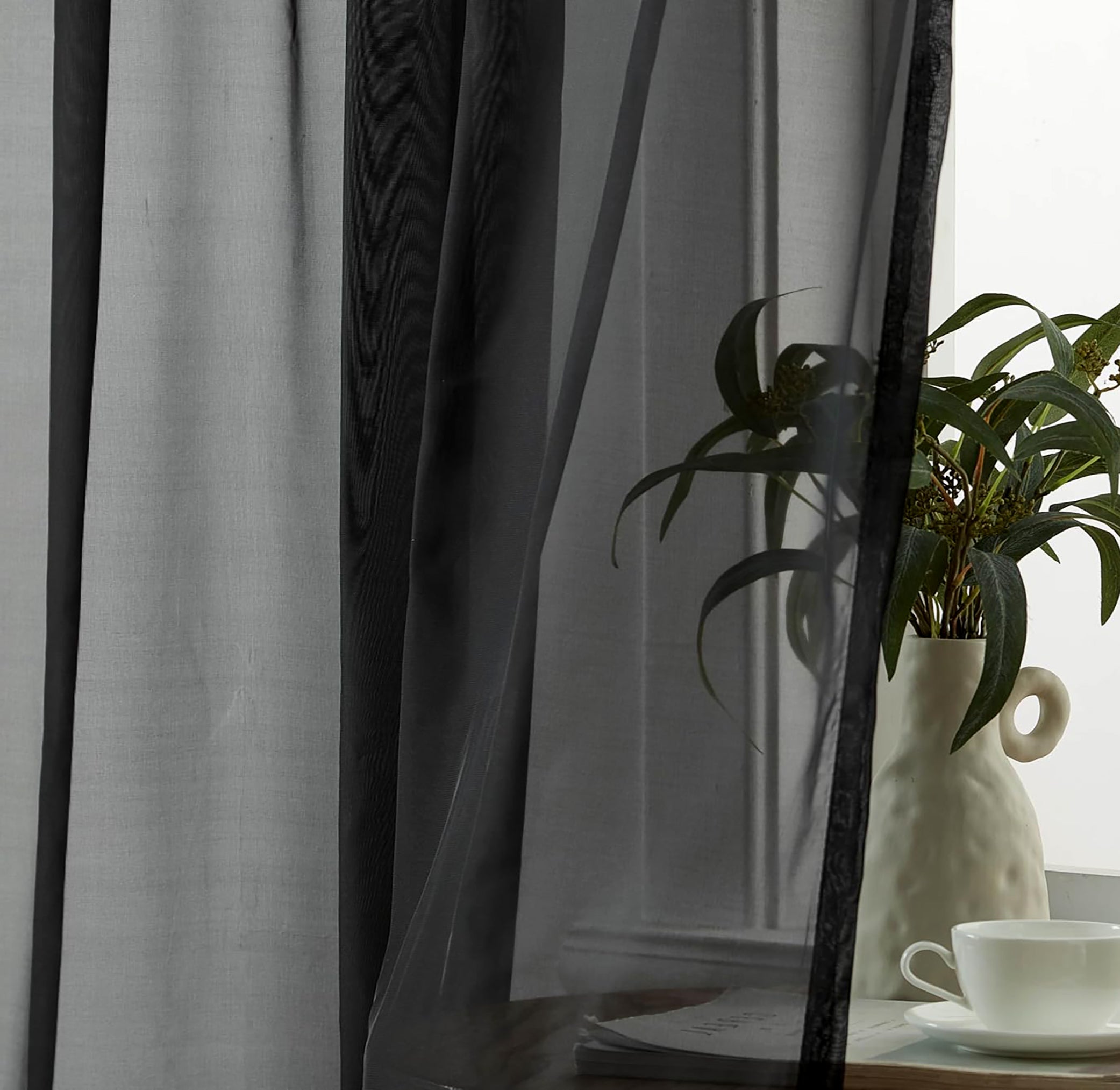 84" Inches Long - Black Sheer Window Rod Pocket Curtain Set (2 Panels)