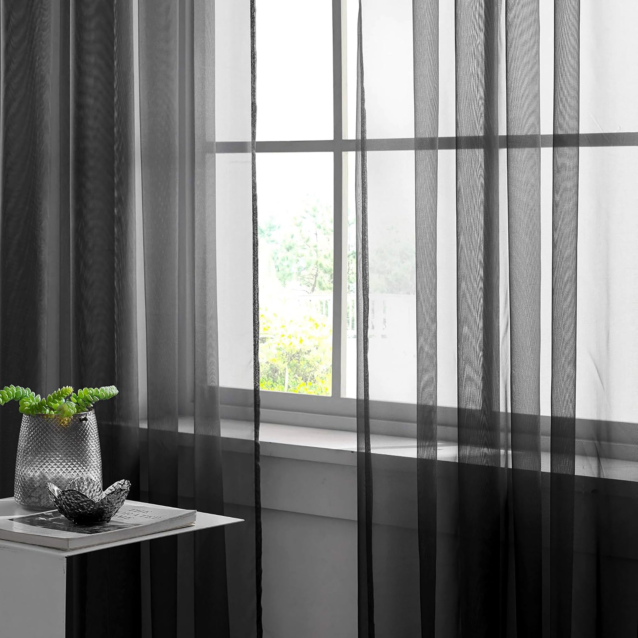 84" Inches Long - Black Sheer Window Rod Pocket Curtain Set (2 Panels)