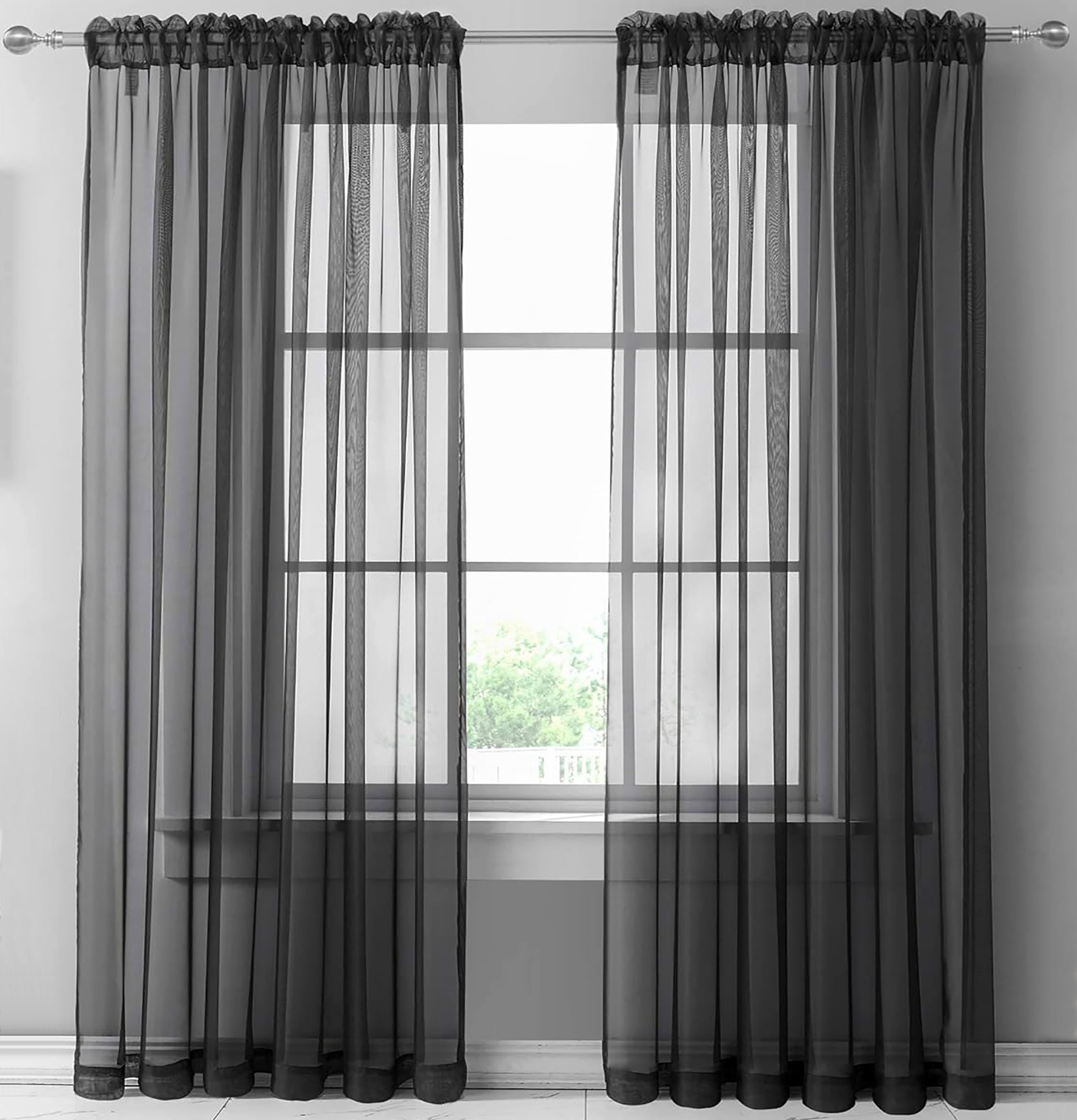 84" Inches Long - Black Sheer Window Rod Pocket Curtain Set (2 Panels)