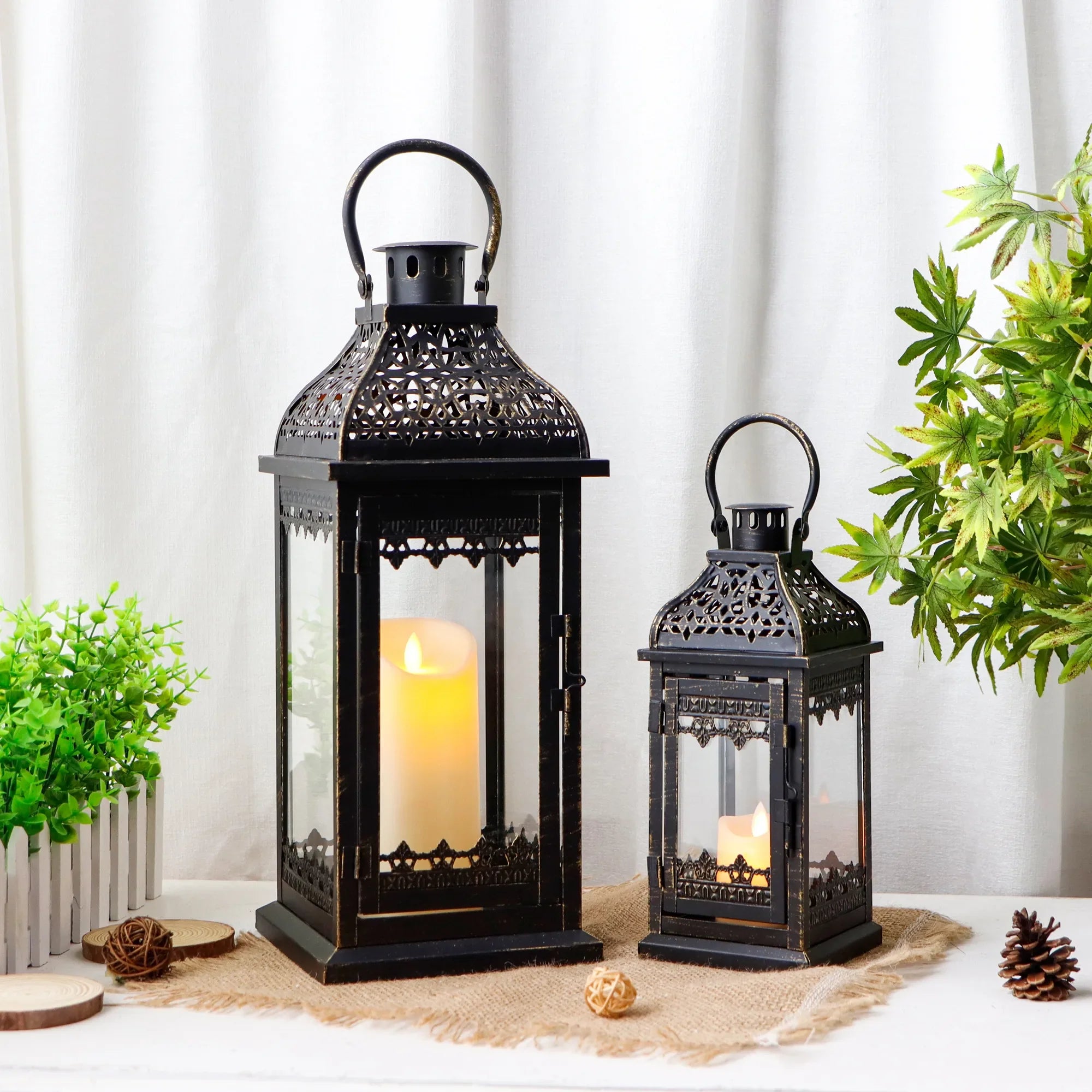 Set of 2 13''&19.5''H Candle Lanterns (Black Gold Brush)-0