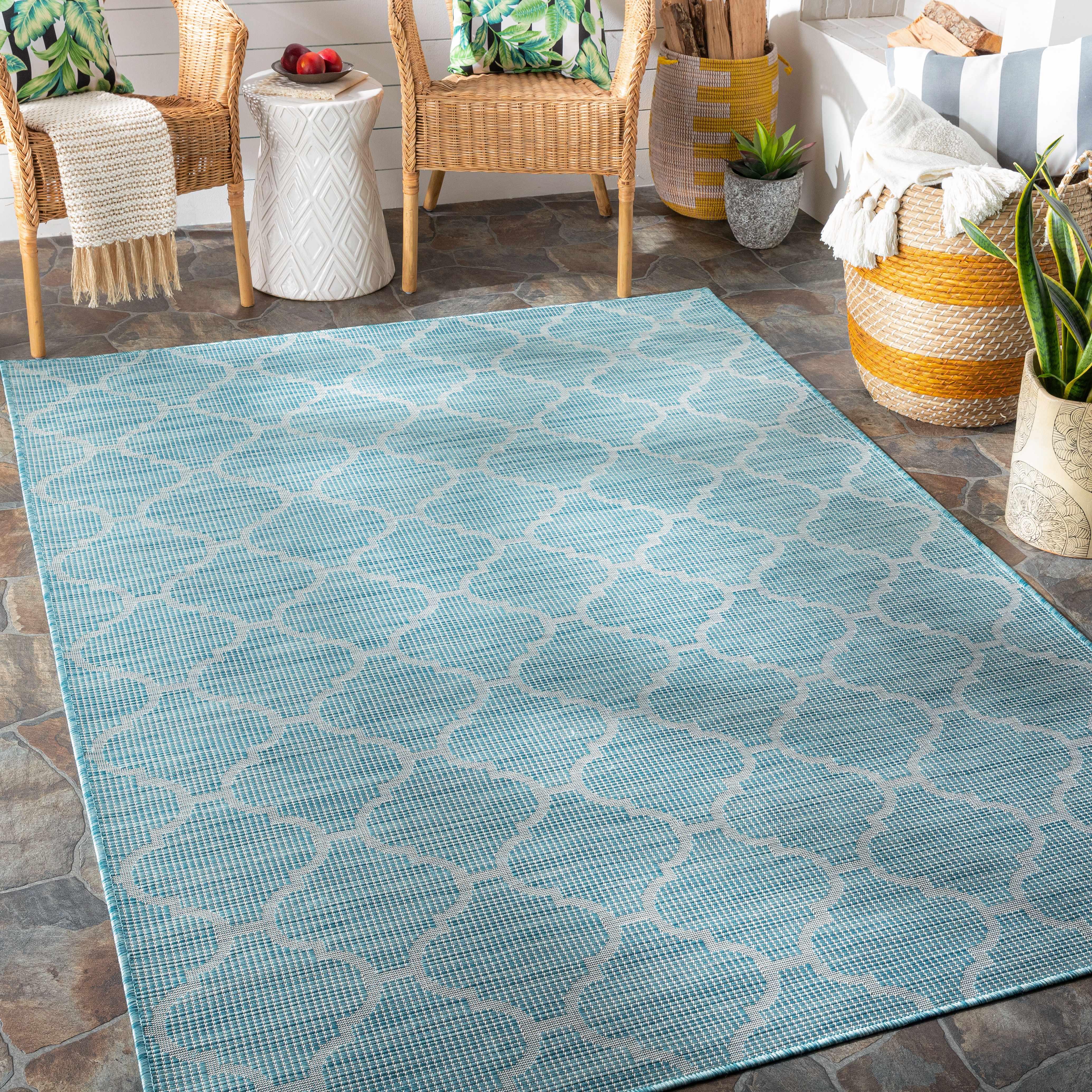 Unique Outdoor Trellis Area Rug, Aquamarine - Clearance - PRHOMZ
