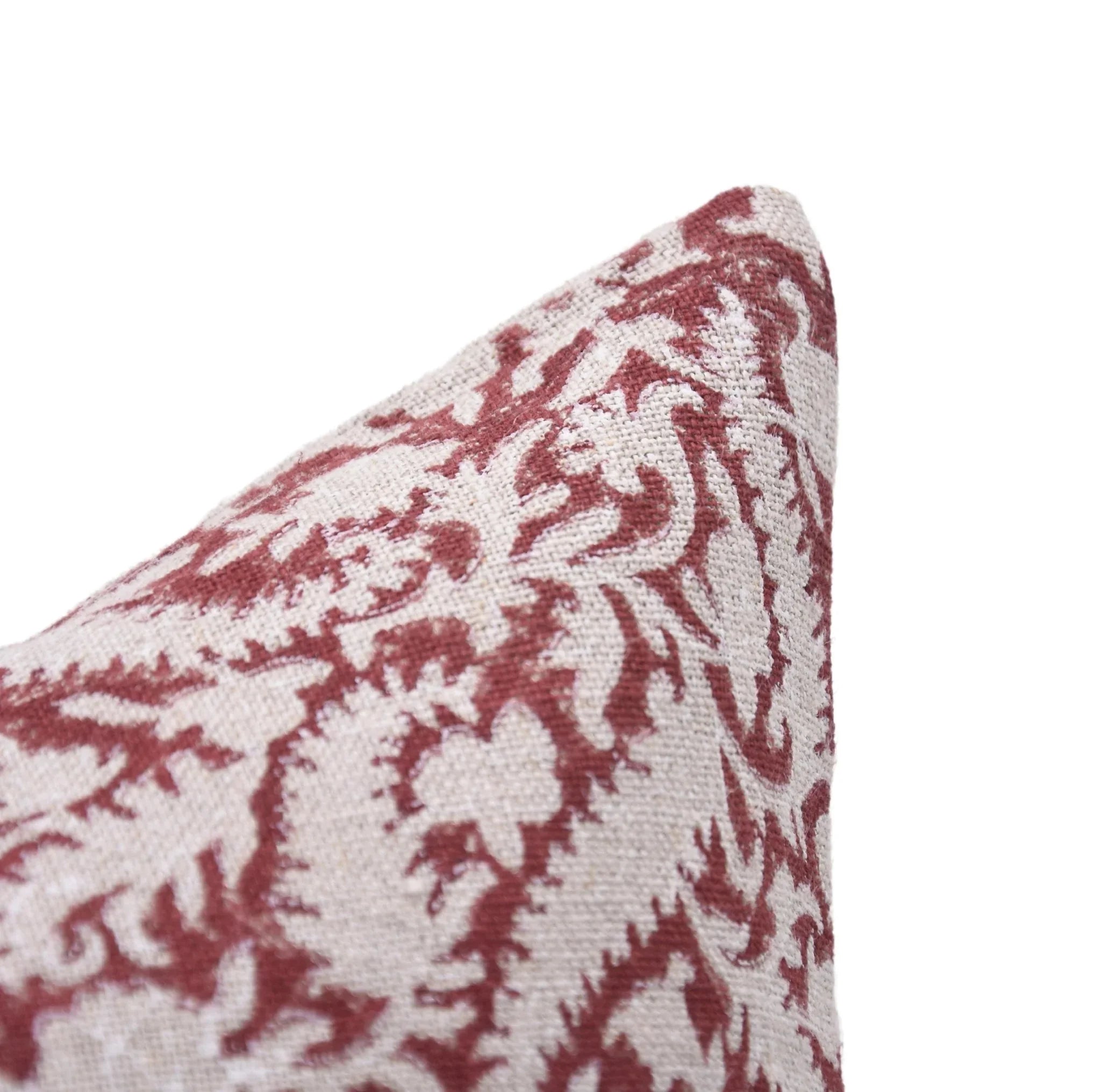 Handcrafted Maroon Floral Block Printed Linen Cushion Cover – Black Forest Design