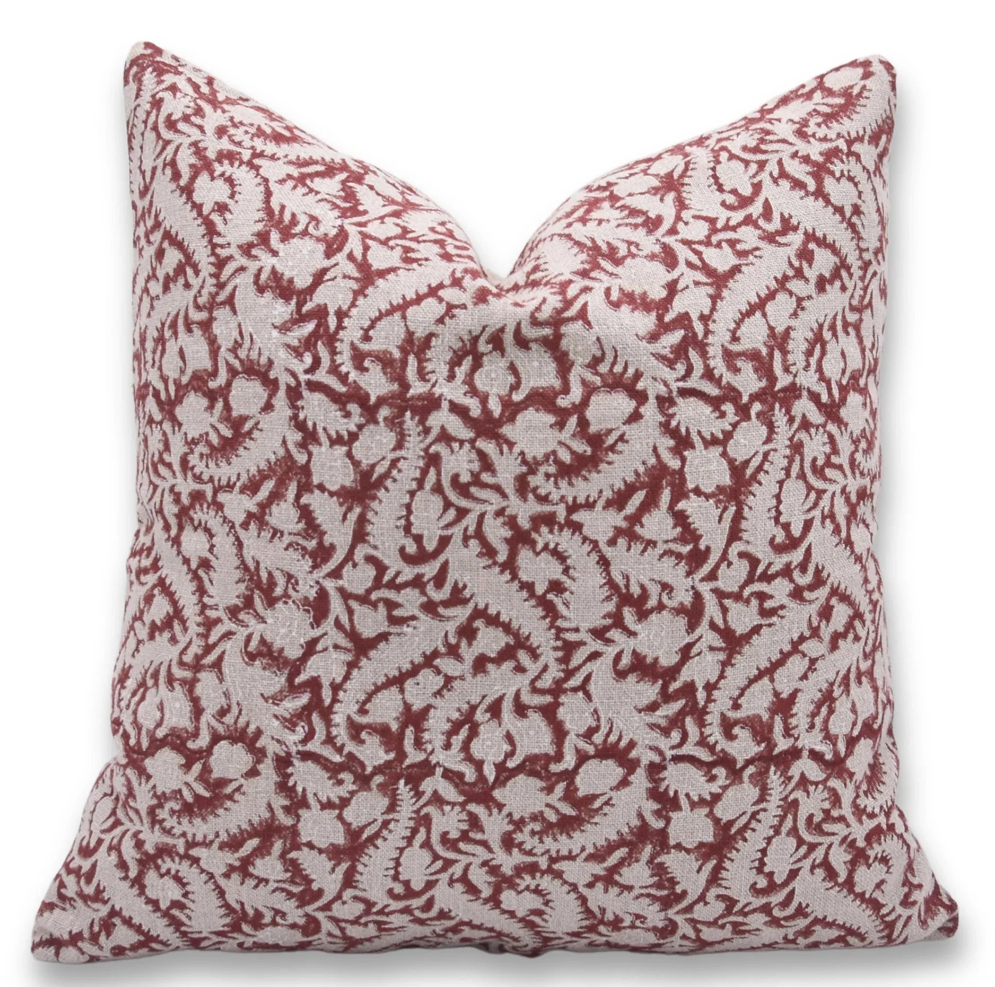 Handcrafted Maroon Floral Block Printed Linen Cushion Cover – Black Forest Design