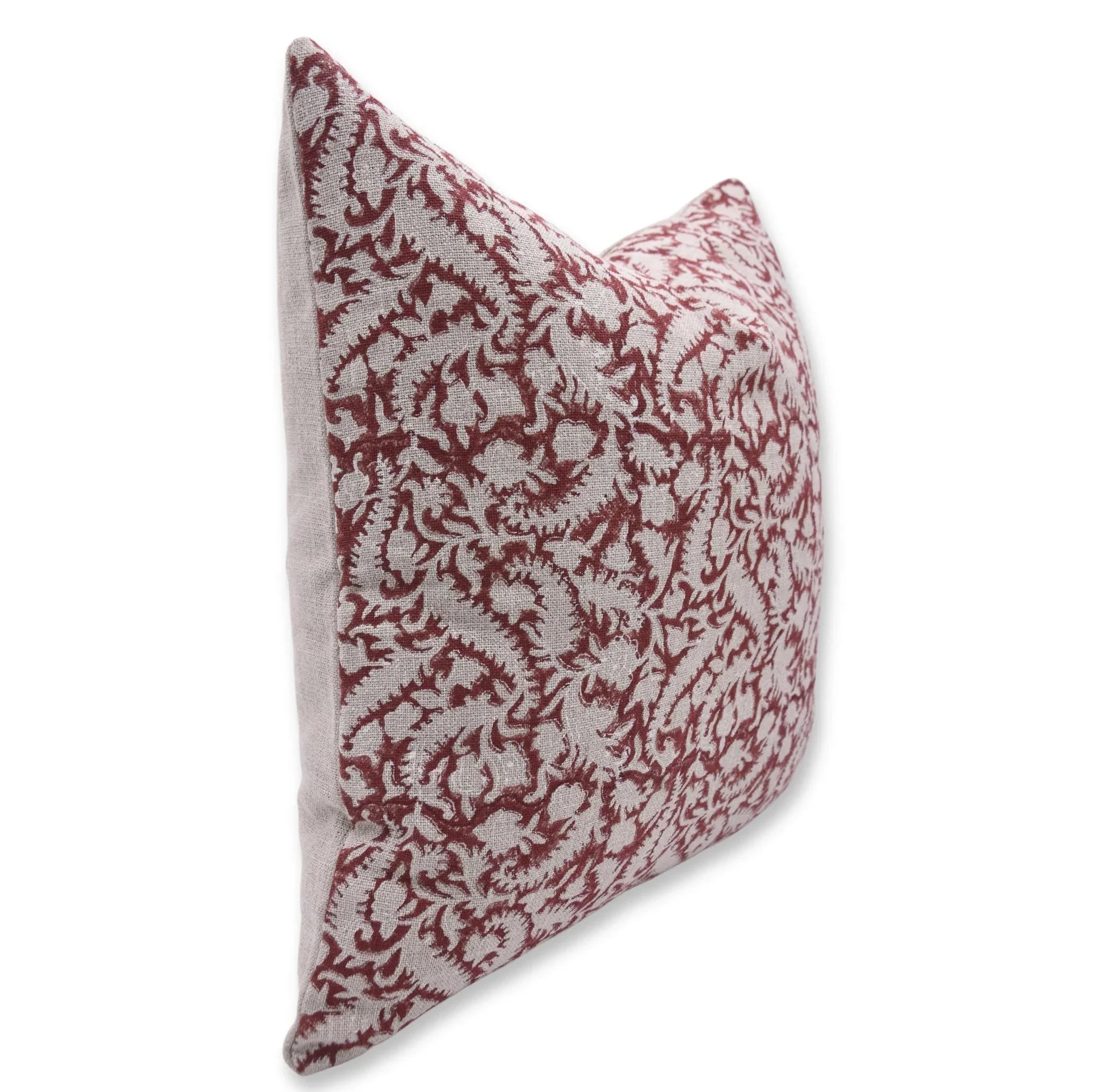 Handcrafted Maroon Floral Block Printed Linen Cushion Cover – Black Forest Design