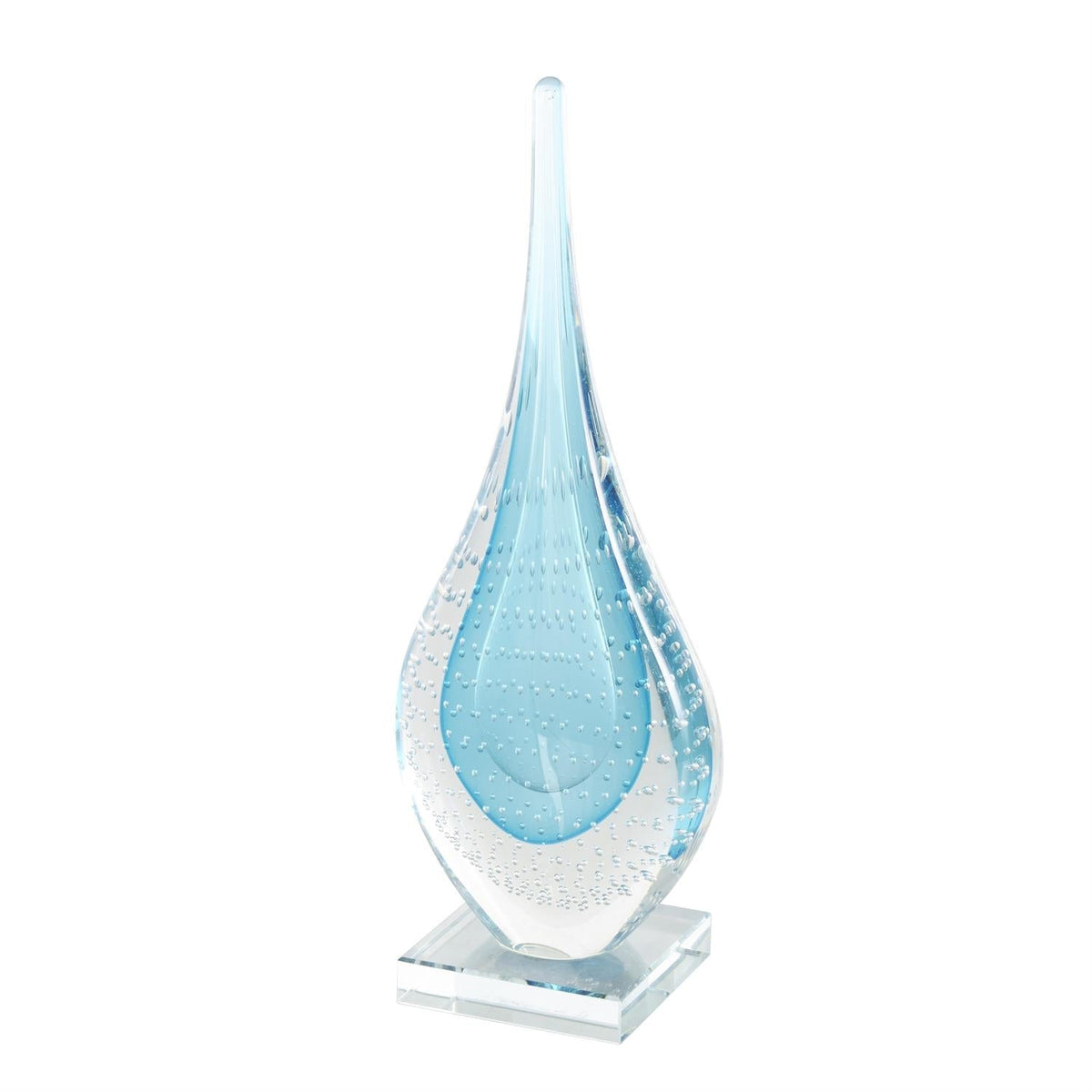 Blue Glass Abstract Teardrop Decorative Sculpture with Clear Bubble Droplets