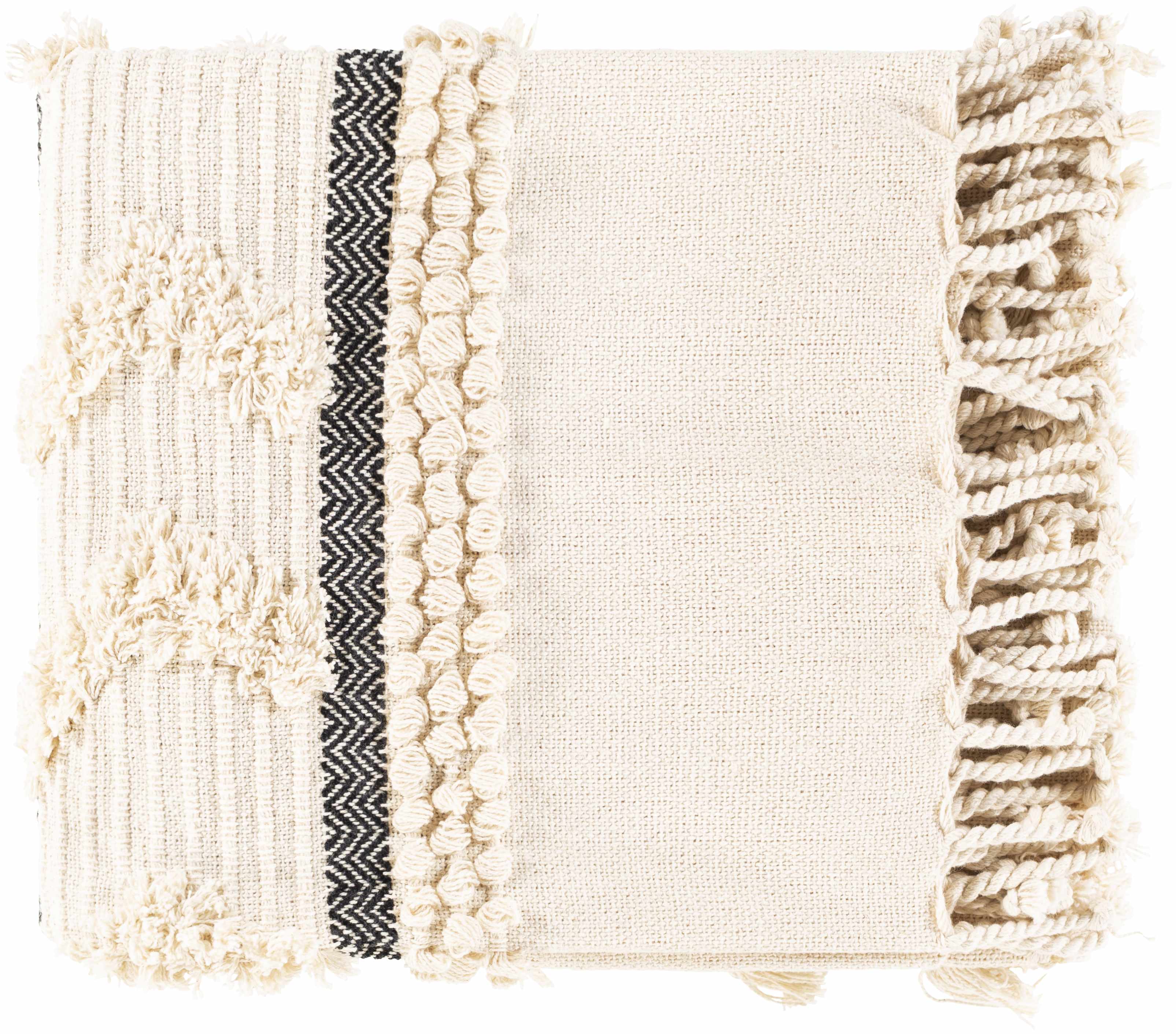 Boondall Ivory Cotton Throw Blanket with tassels-1