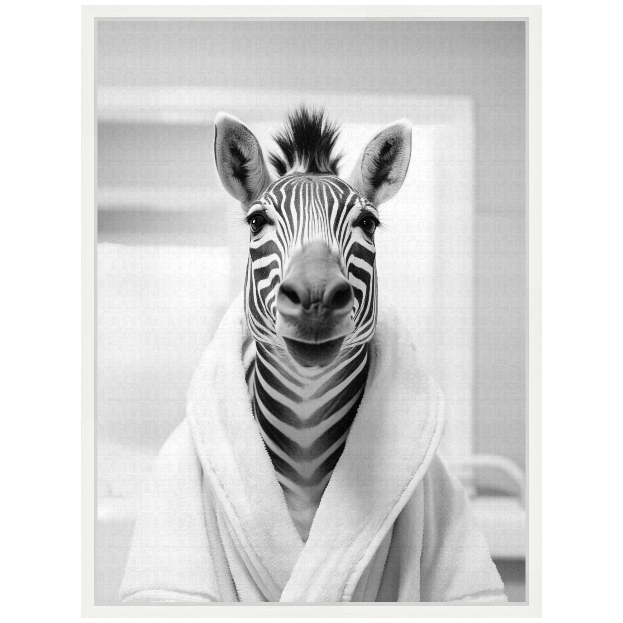 Sylvie Zebra Bathroom Art Towel Robe Black and White Framed Canvas by The Creative Bunch Studio