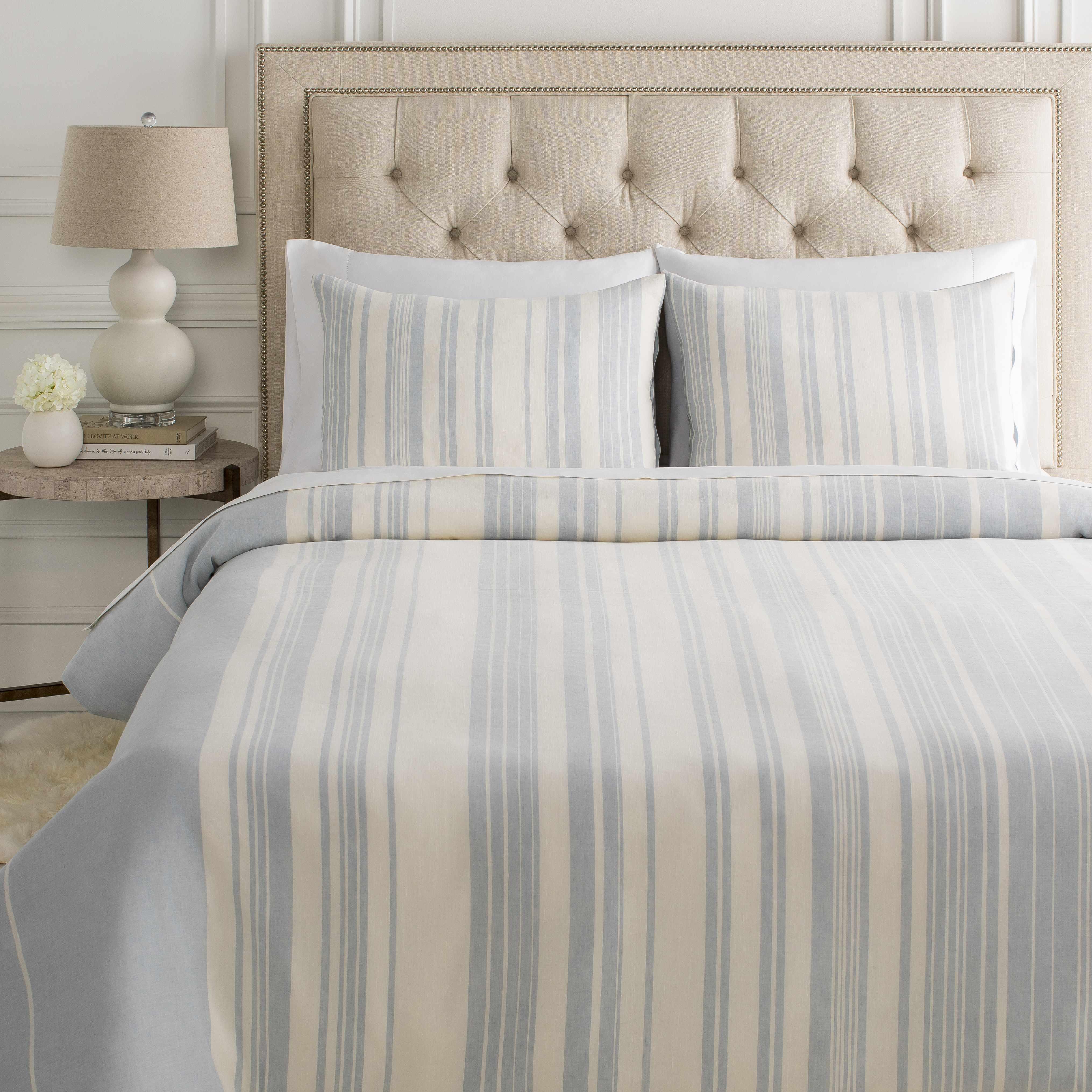 Baraniferho Ice Blue Striped Linen Bedding Set - PRHOMZ