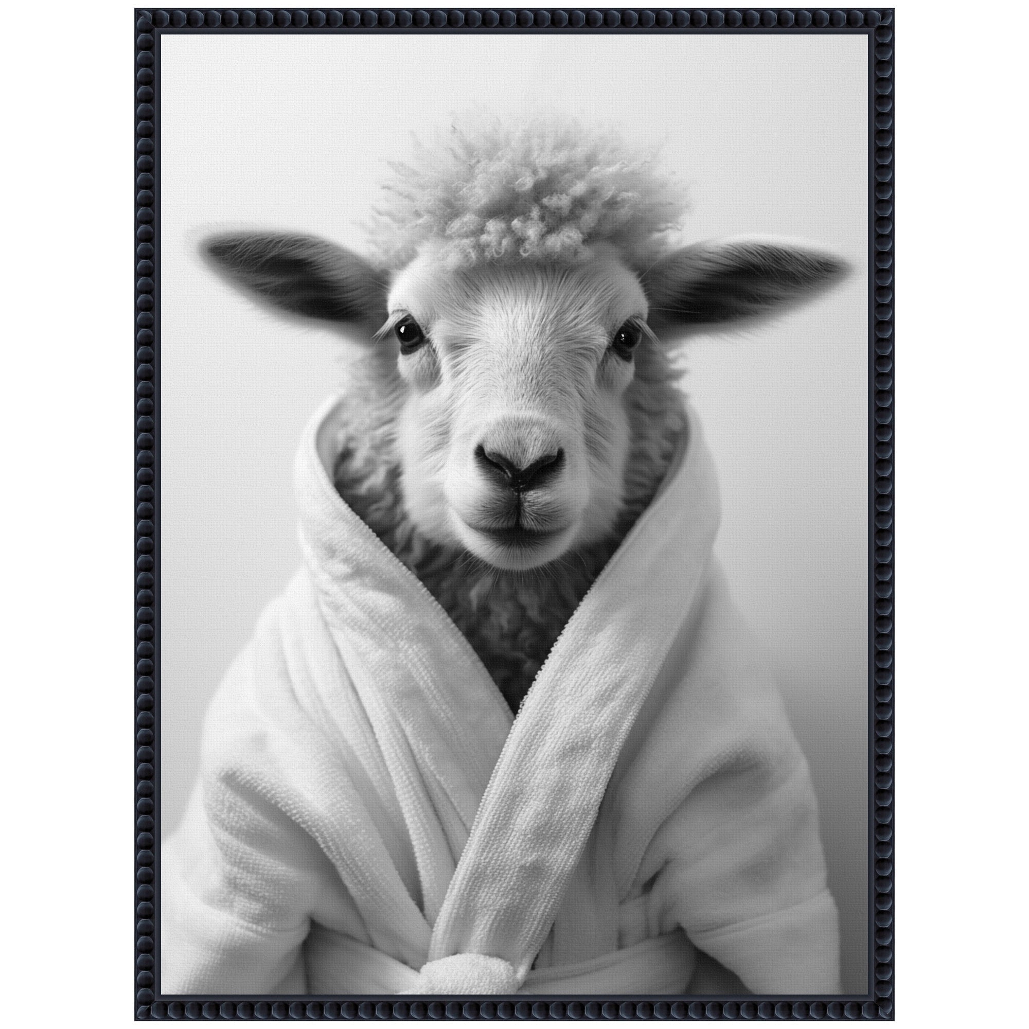 Sylvie Sheep Bathroom Art Towel Robe Black and White Framed Canvas by The Creative Bunch Studio