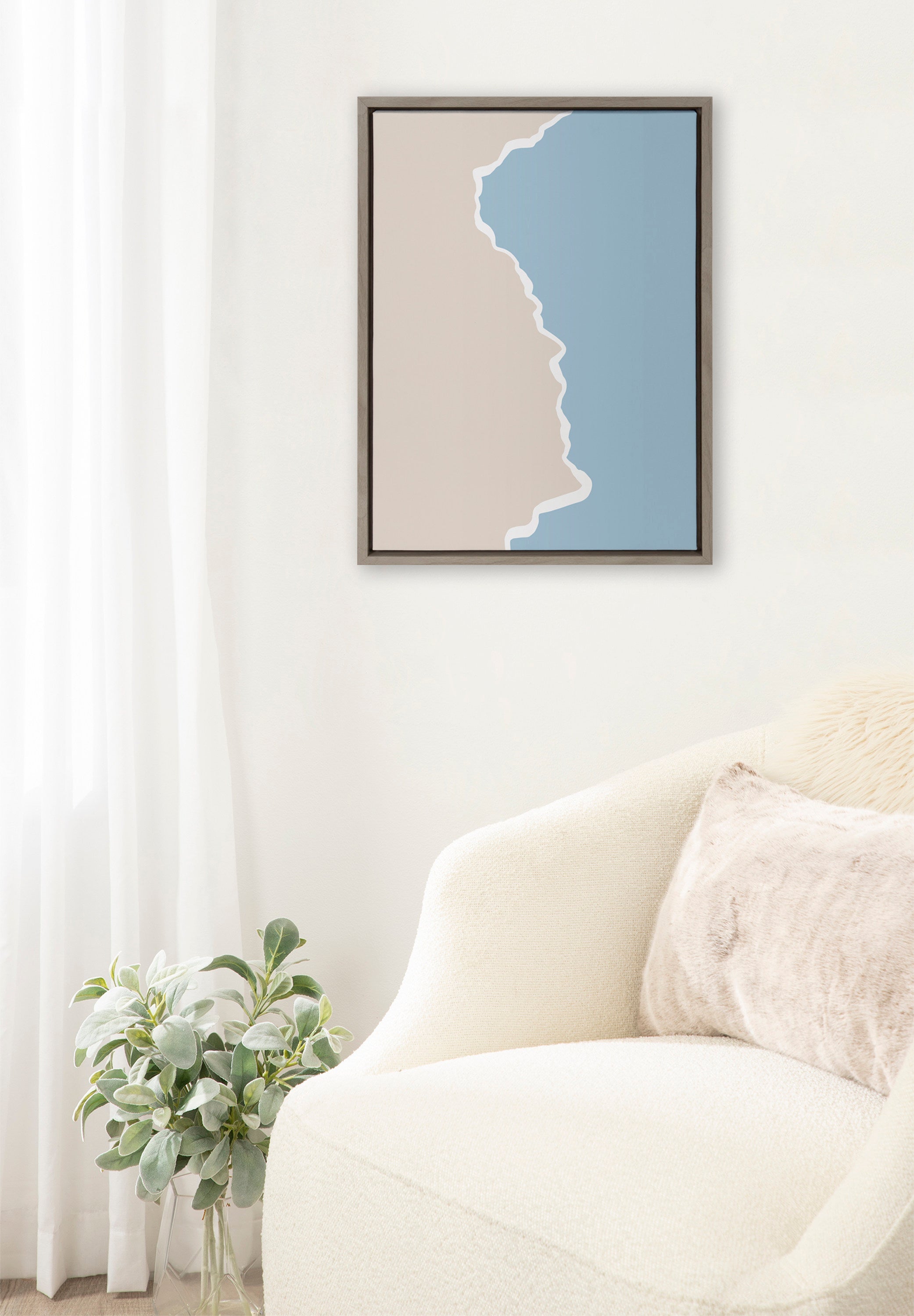 Sylvie Muted Abstract Landscape Beige and Blue Framed Canvas by The Creative Bunch Studio