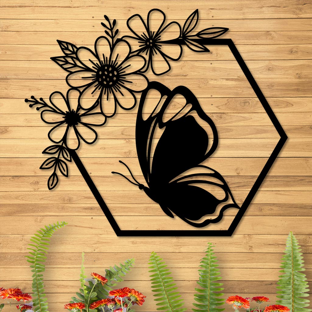 Butterfly in Hexagon with Daisies Sign-2