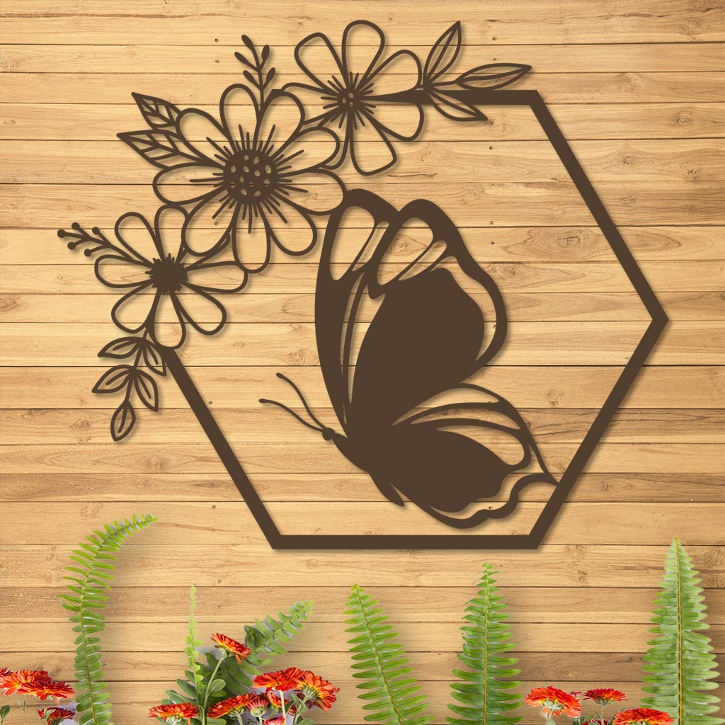 Butterfly in Hexagon with Daisies Sign-5