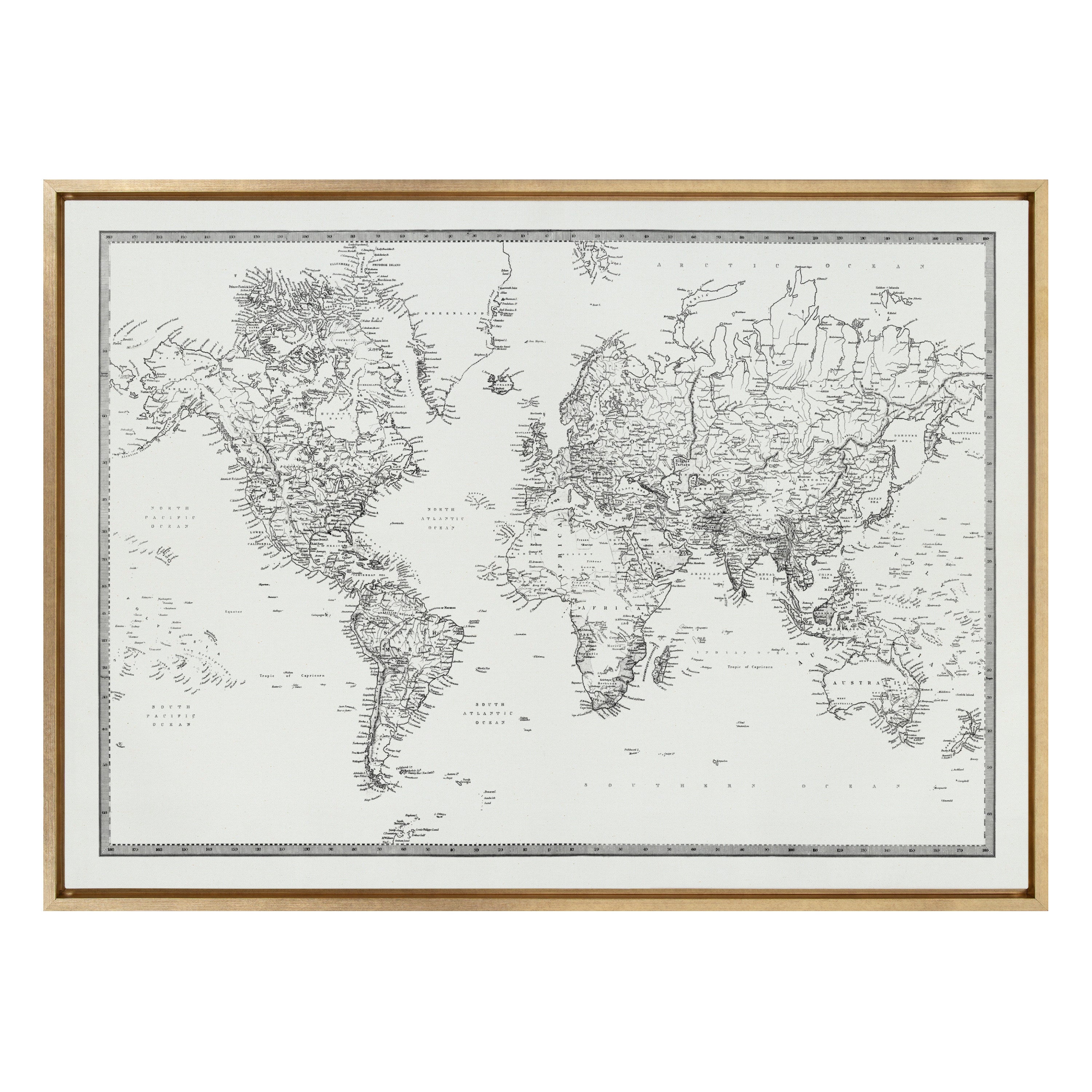Sylvie Vintage Black and White World Map Framed Canvas by The Creative Bunch Studio