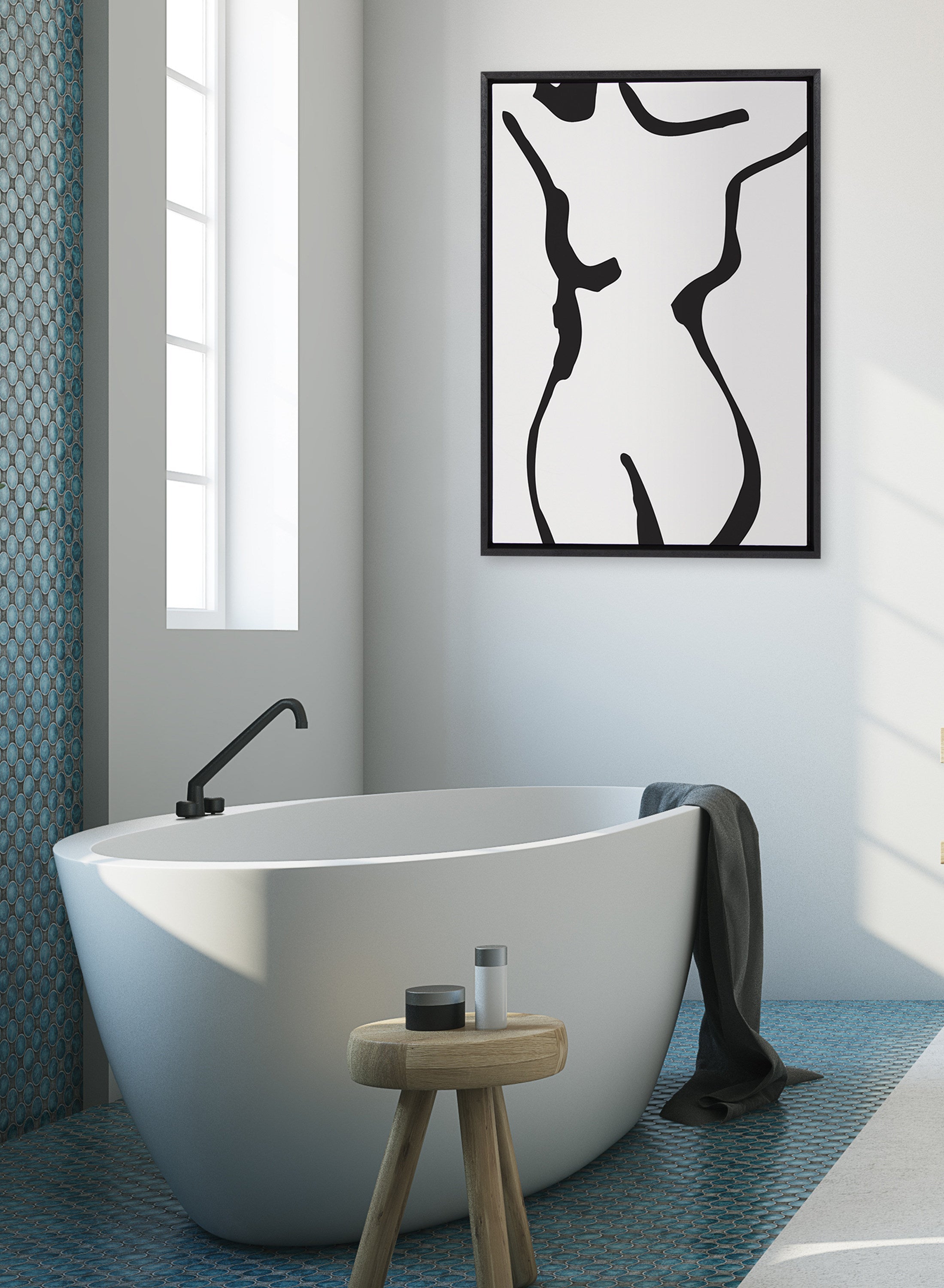 Sylvie Timeless Feminine Figural Drawing 1 Black and White Framed Canvas by The Creative Bunch Studio