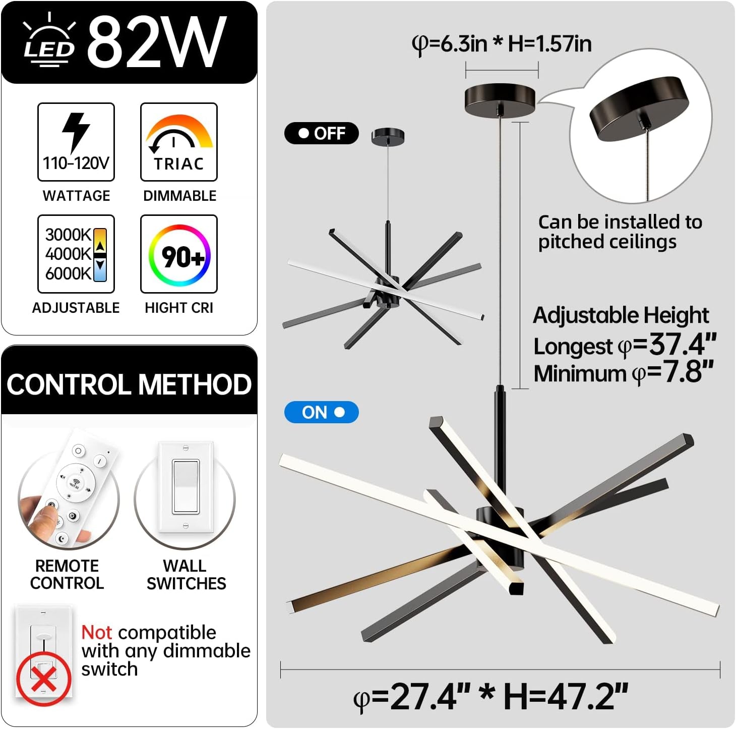 Black 31.5 Inch Modern Sputnik LED Chandelier Lighting-1