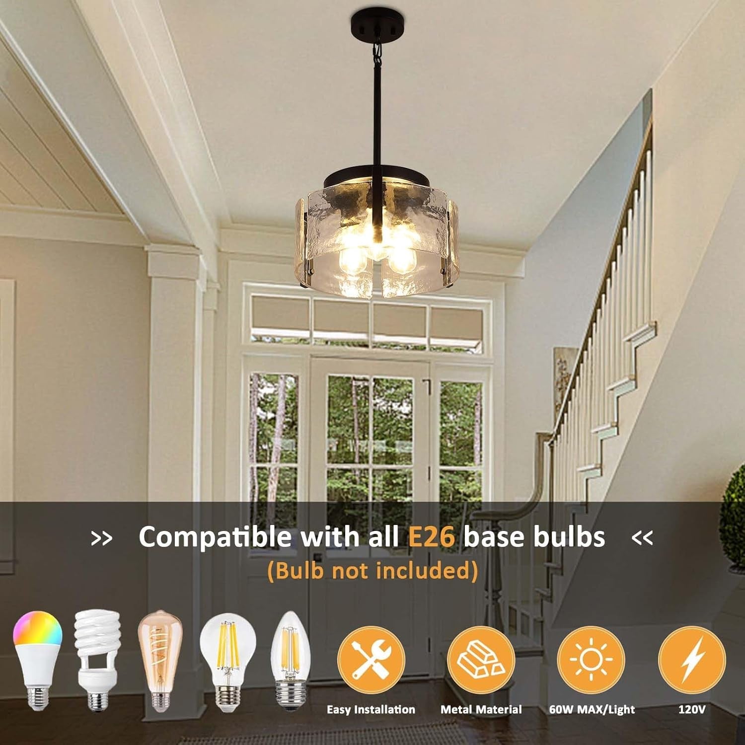 Black Adjustable Farmhouse Chandelier For Dining Room With Hammered Glass-2