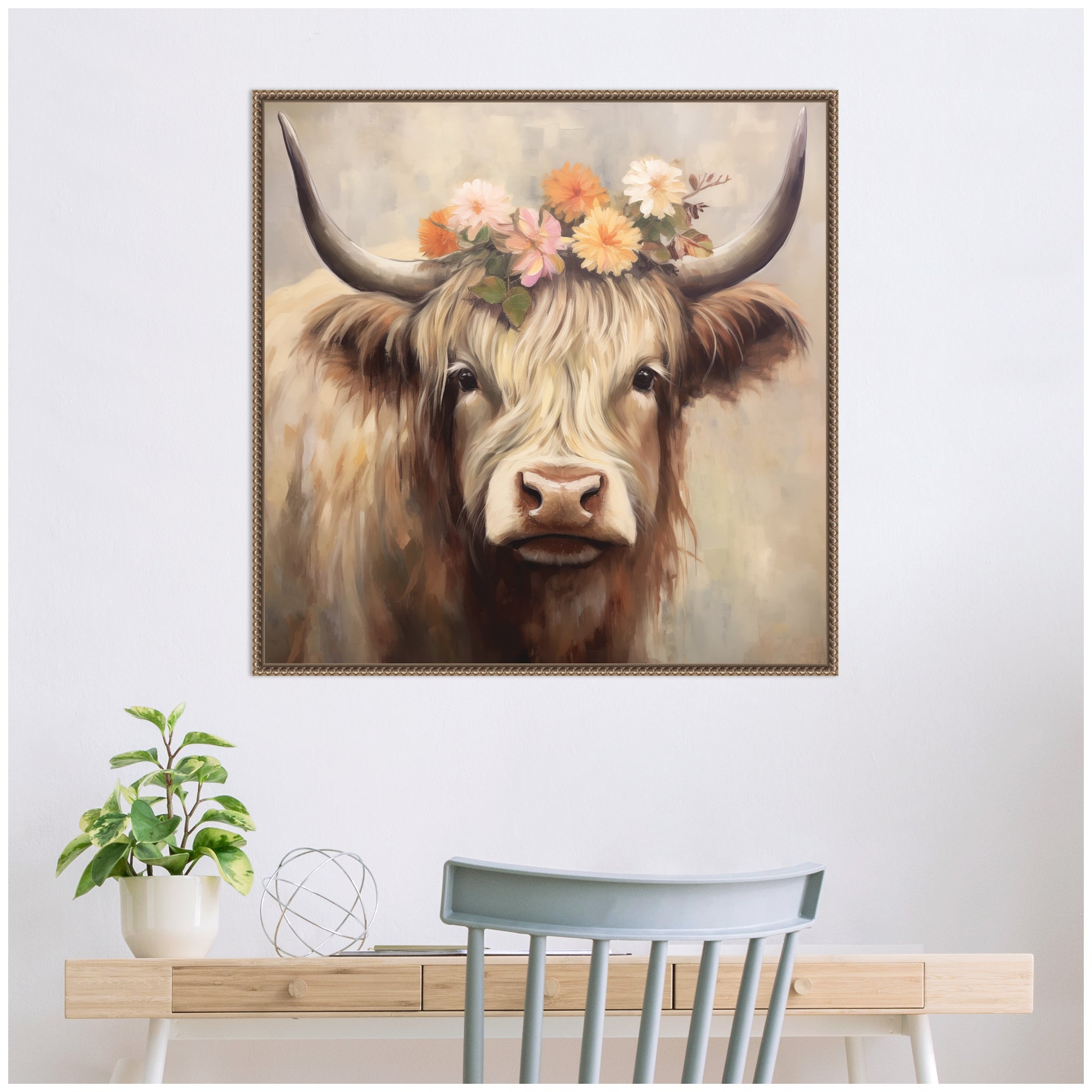 Sylvie Adorable Floral Boho Highland Cow Framed Canvas by The Creative Bunch Studio