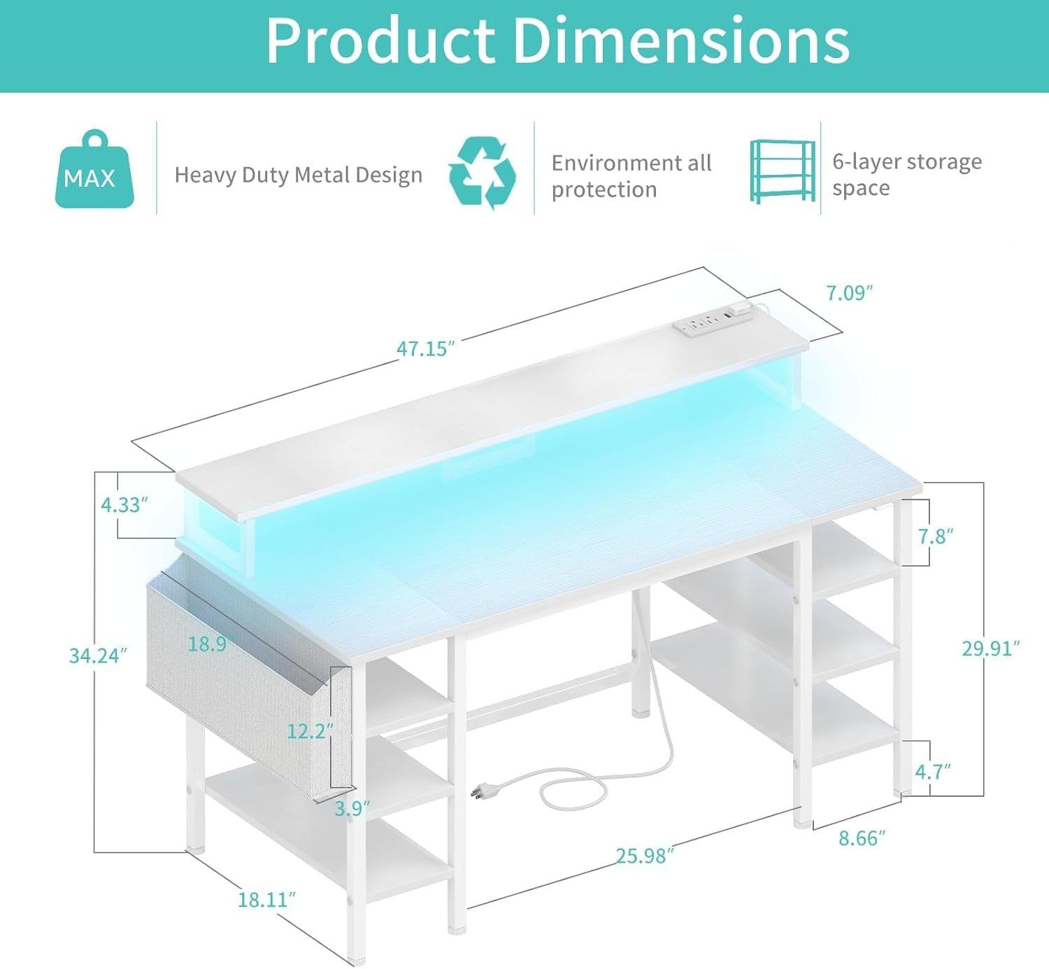 47 Inch Gaming Desk With LED Lights For Home Office Use