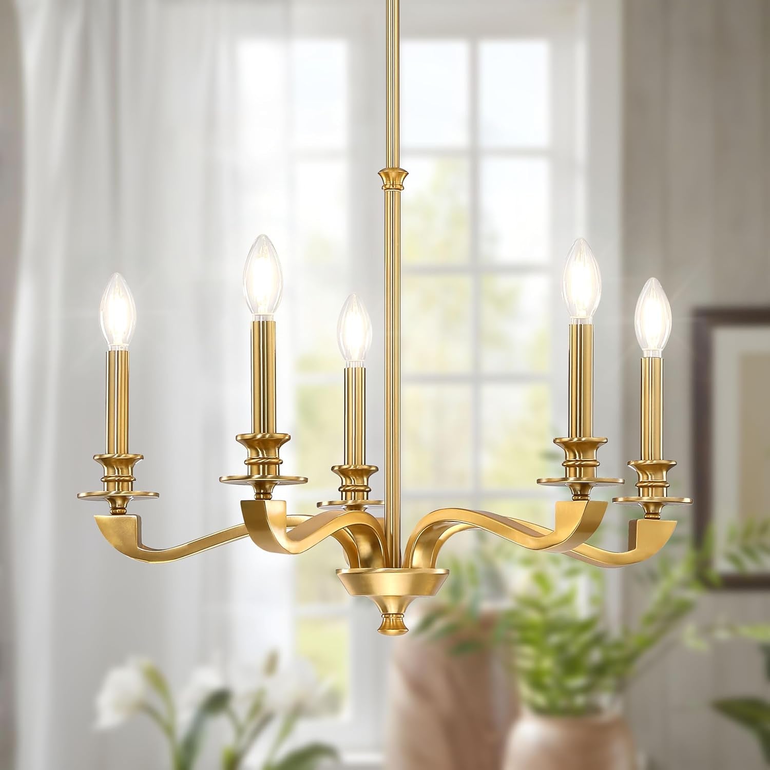 Gold 5 Light Chandelier 25.5 Inch Farmhouse Brass Dining-0