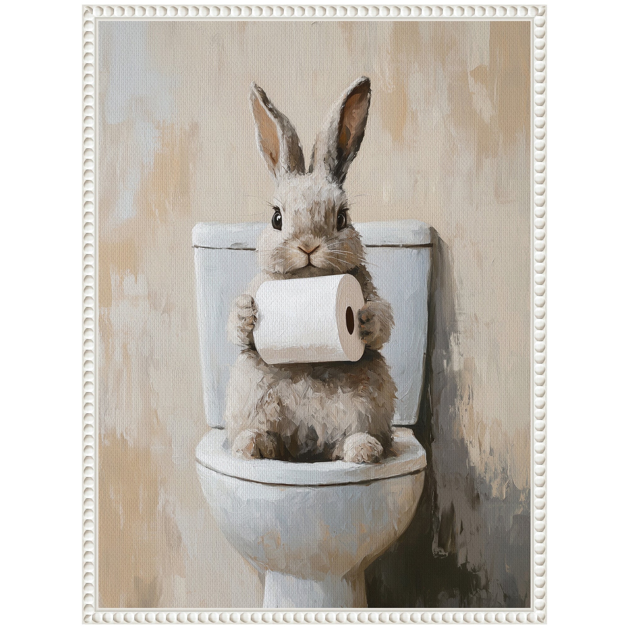 Sylvie Cute Bunny Toilet Paper Roll Toilet Bathroom Art Framed Canvas by The Creative Bunch Studio