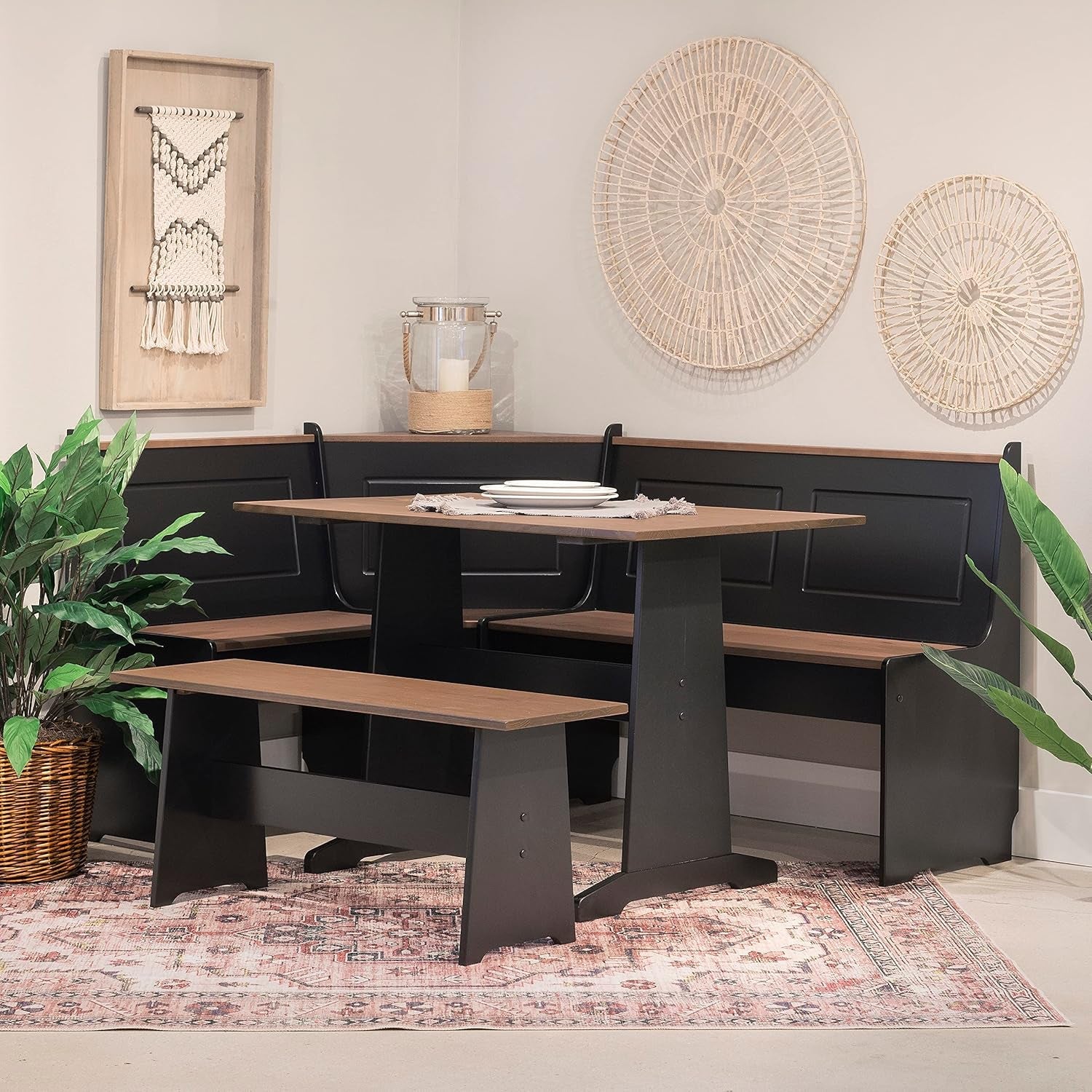 Black Pecan Five Seat Dining Set With Storage Benches