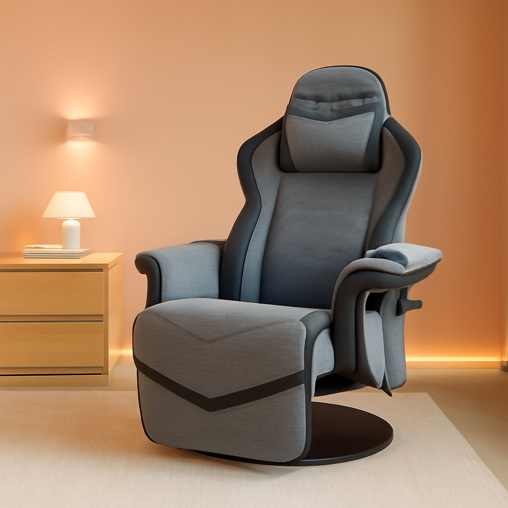 900 Gaming Recliner Gray Fabric With Adjustable Leg Rest Cupholder
