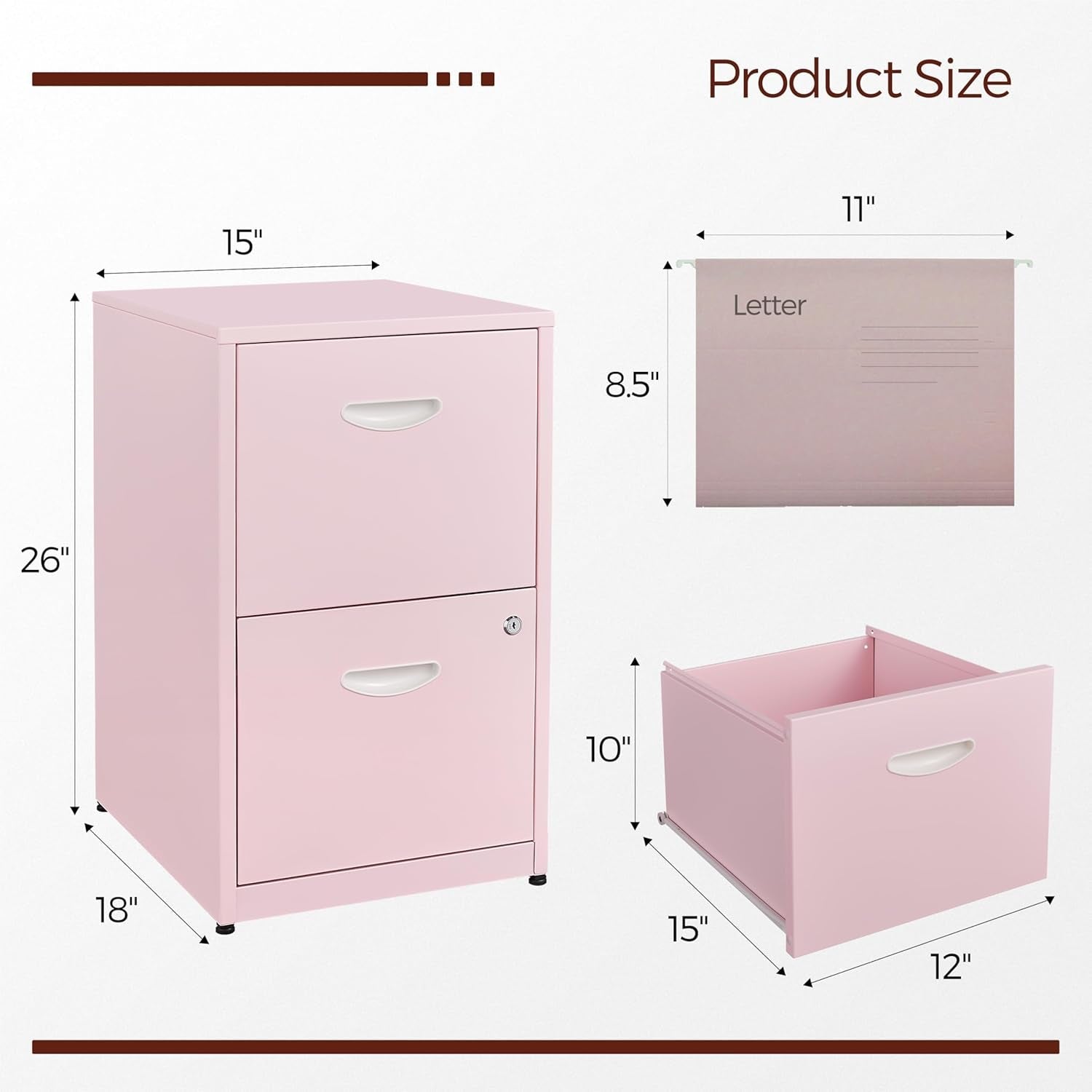 Metal Pink 2 Drawer Locking File Cabinet For Hanging Files Letter A4 Documents Compact