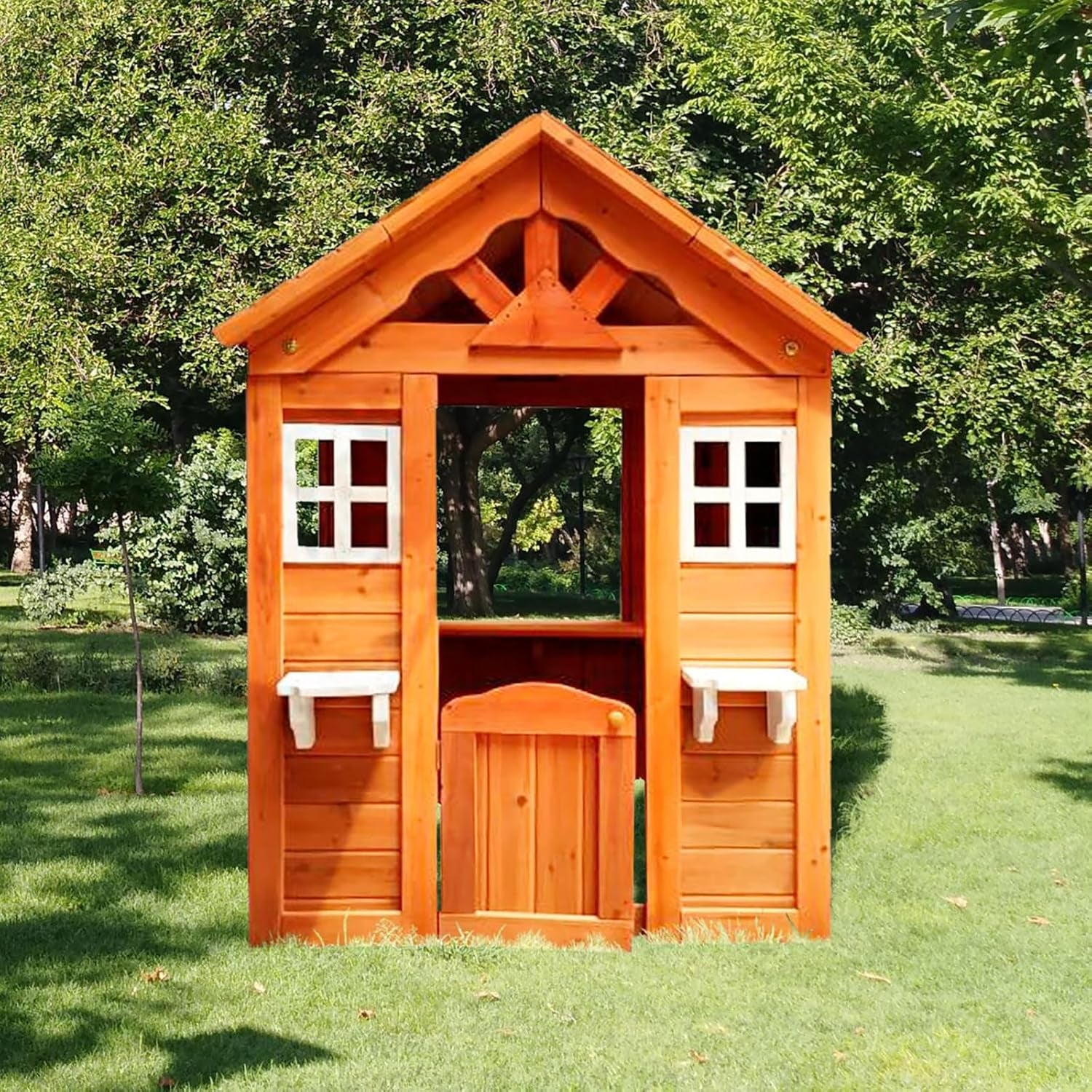 Wooden Outdoor Playhouse With Two Windows Flowerpot