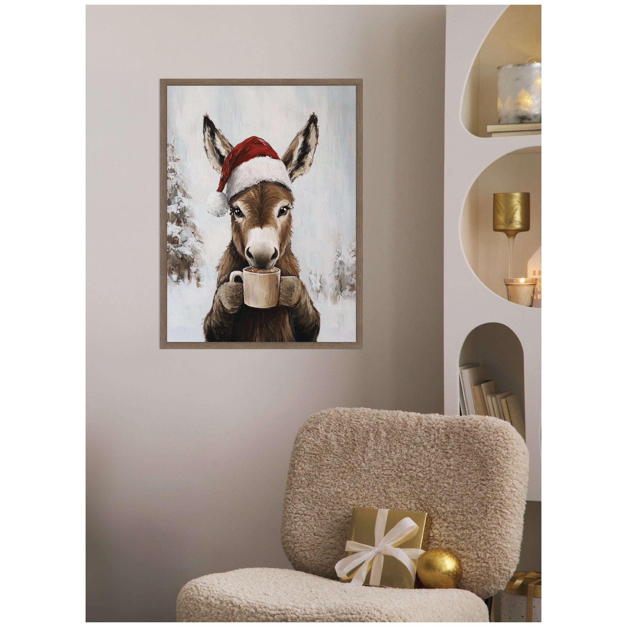 Sylvie Framed Canvas Donkey Winter Hot Cocoa by The Creative Bunch Studio