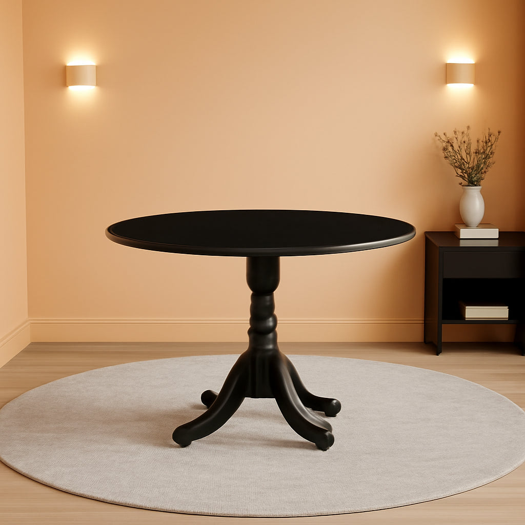 Round Wood Dining Table With Black Finish For Modern Dining Rooms