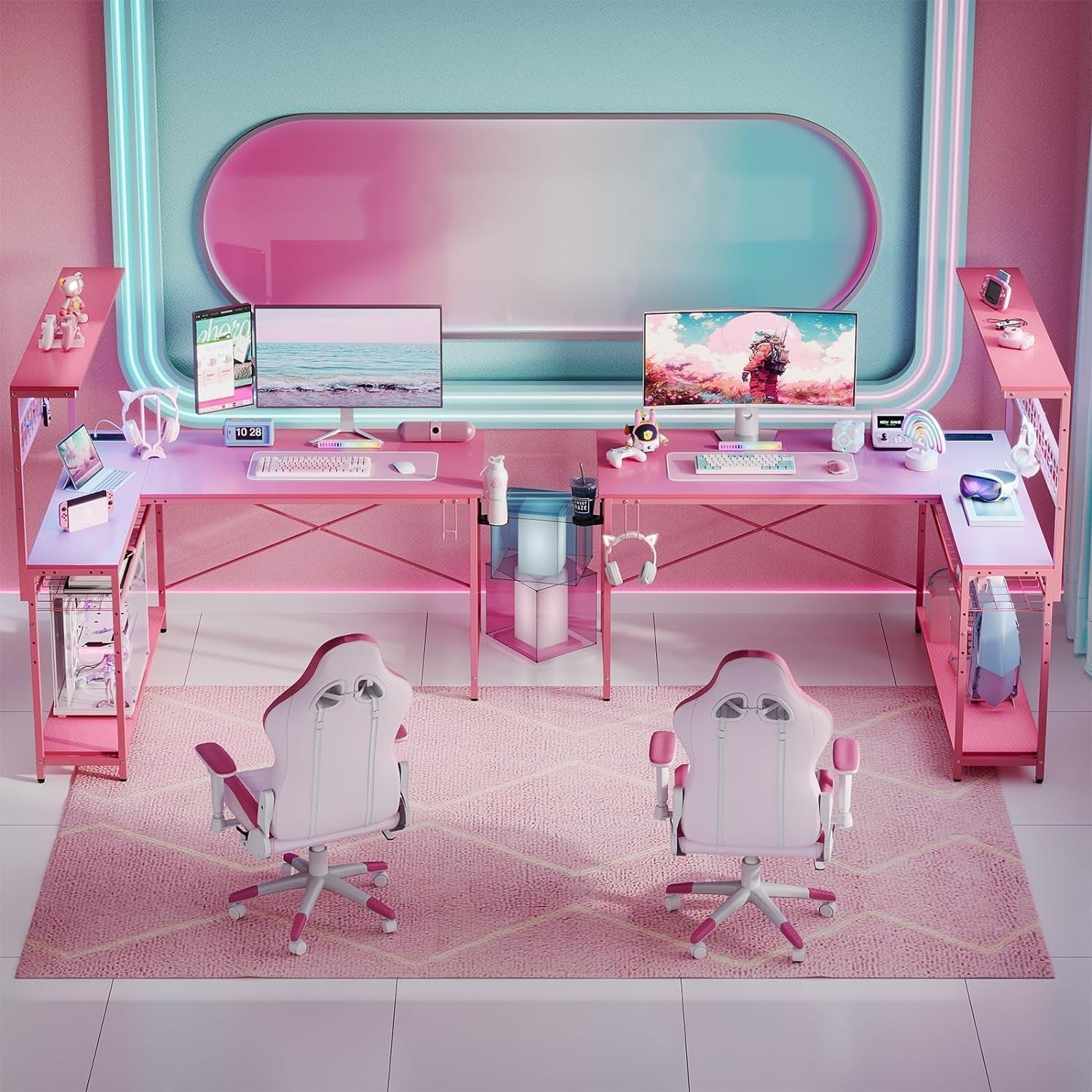 51 Inch L Shaped Gaming Desk Pink With Power Outlets And LED Lights