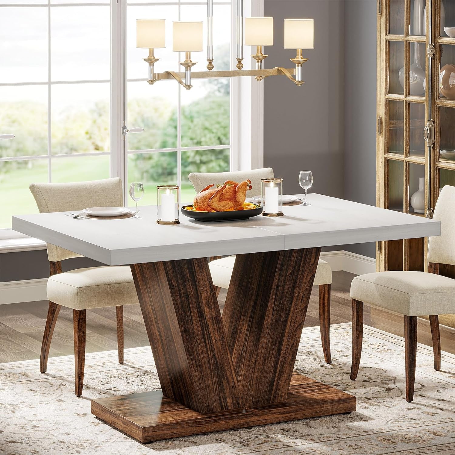 47 Inch White Oak Dining Table With Heavy Pedestal Base
