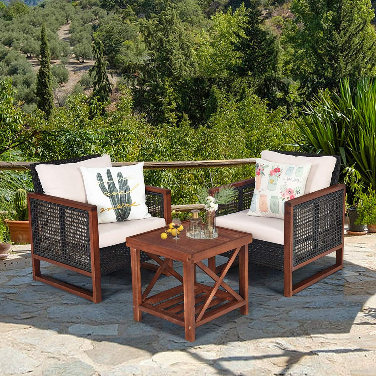 3 Piece Outdoor Patio Furniture Set With Wicker Chairs And Coffee Table Washable Cushions Acacia Wood Frame