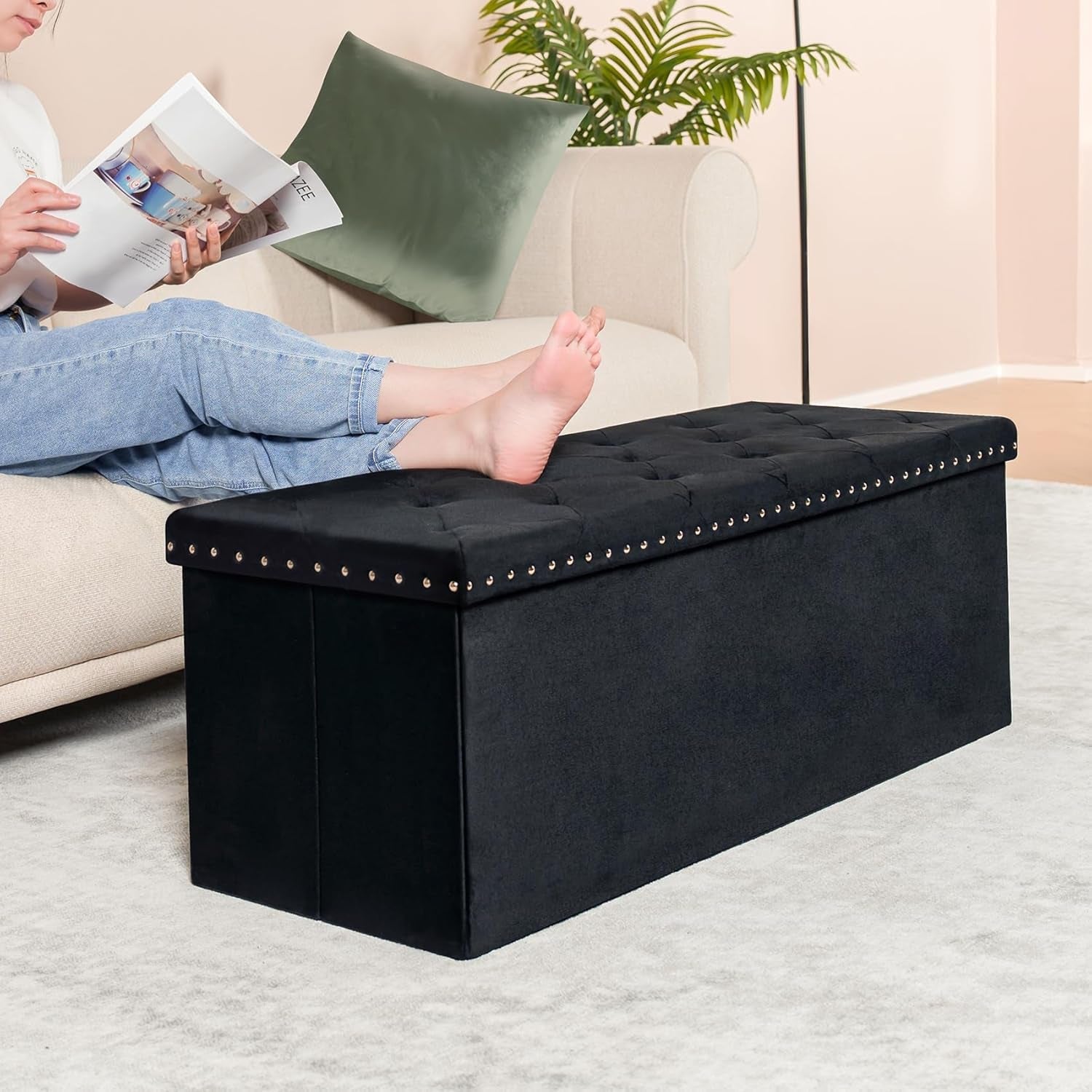 Jet Black Storage Ottoman Bench Seat 43.3 Inch Length