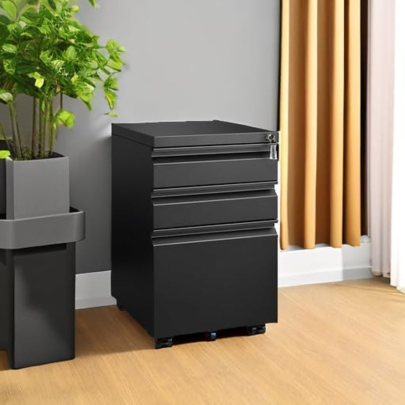 3 Drawer File Cabinet Under Desk Mobile Filing Cabinet With Lock For A4 Letter Legal Files Black