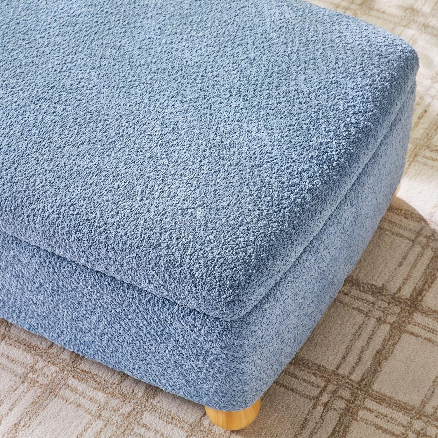 Oversized Large Soft Blue Boucle Fabric Storage Ottoman