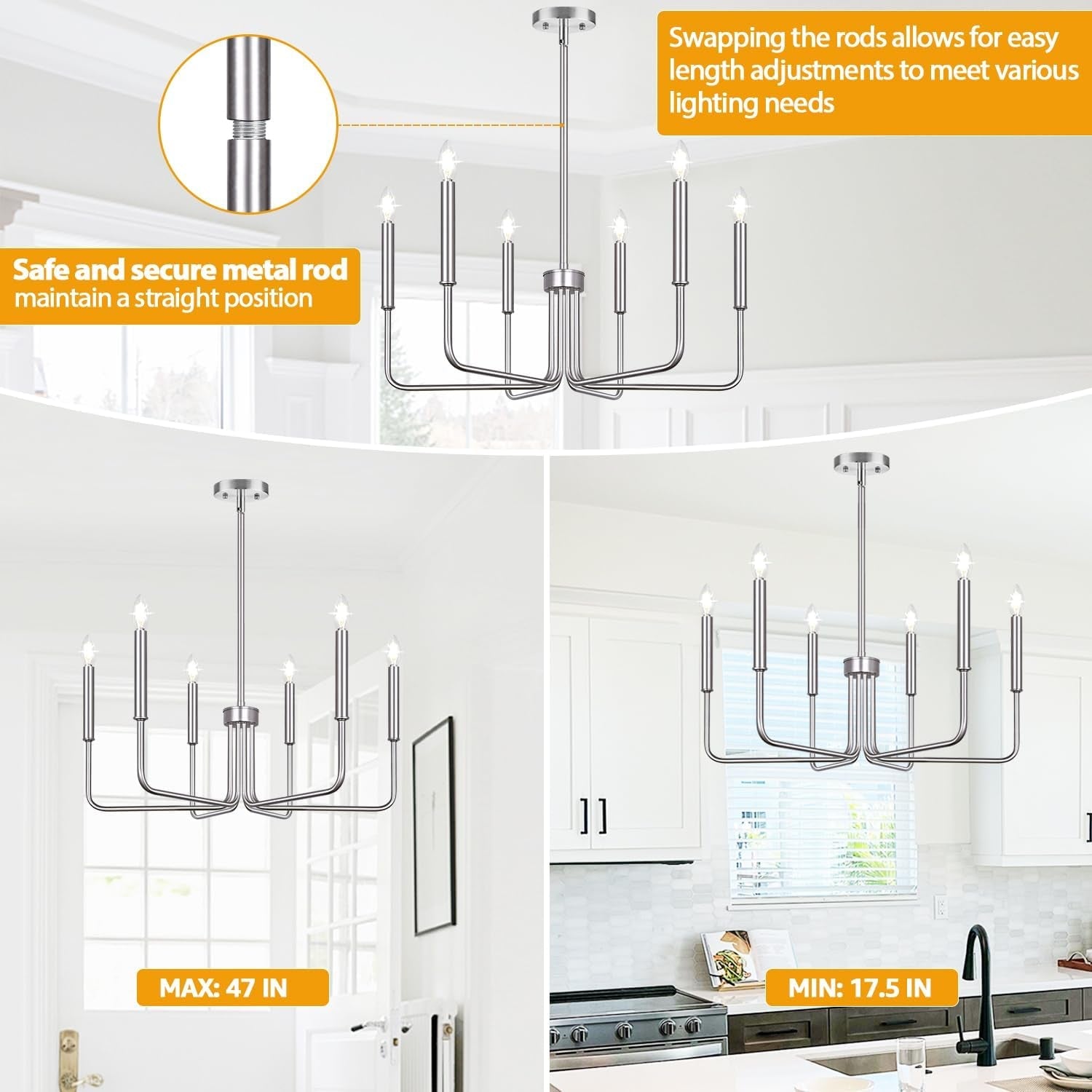 6 Light Brushed Nickel Farmhouse Chandelier For Dining Room