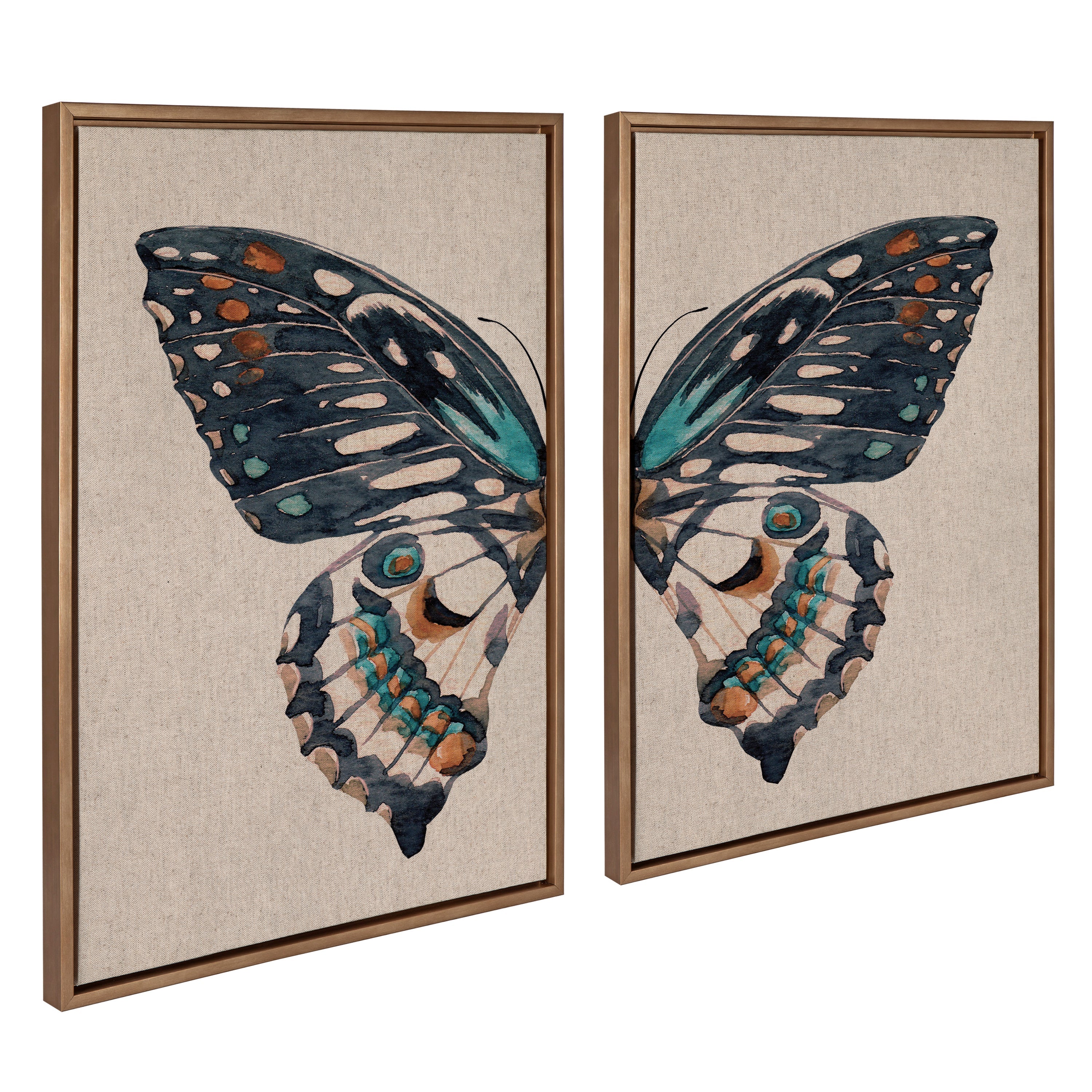 Sylvie Boho Butterfly Watercolor Diptych Neutral Linen Framed Canvas Art Set by The Creative Bunch Studio